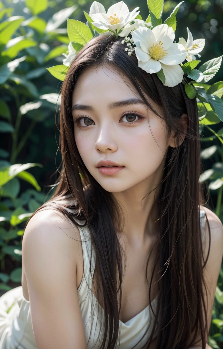 a beautiful asian girl with long dark hair, detailed eyes, perfect skin, elegant expression, wearing a white dress, standing in a vibrant garden with lush greenery, beautiful flowers, butterflies, sunlight filtering through the trees, (best quality,4k,8k,highres,masterpiece:1.2),ultra-detailed,(realistic,photorealistic,photo-realistic:1.37),intricate detail, vivid colors, natural lighting, cinematic composition, professional photography