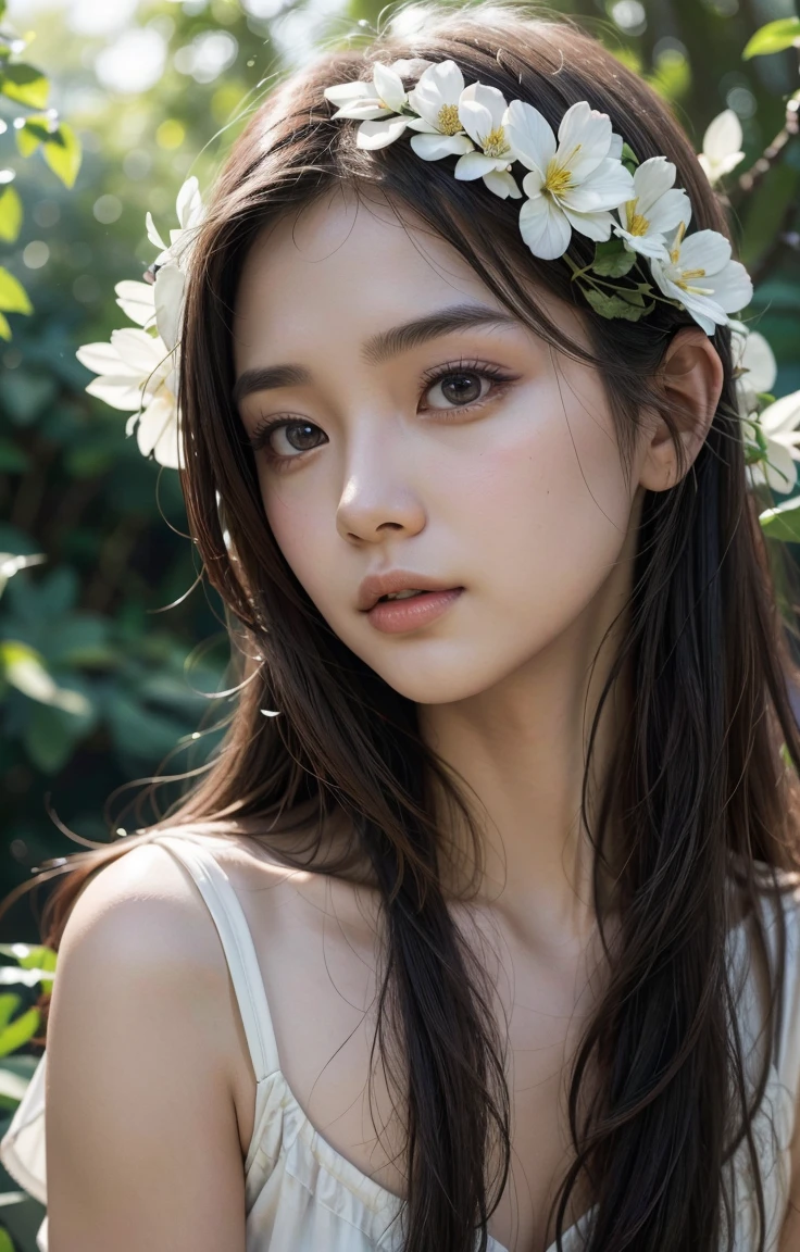 a beautiful asian girl with long dark hair, detailed eyes, perfect skin, elegant expression, wearing a white dress, standing in a vibrant garden with lush greenery, beautiful flowers, butterflies, sunlight filtering through the trees, (best quality,4k,8k,highres,masterpiece:1.2),ultra-detailed,(realistic,photorealistic,photo-realistic:1.37),intricate detail, vivid colors, natural lighting, cinematic composition, professional photography