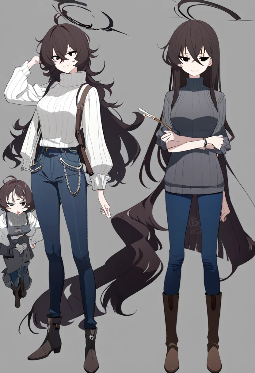 One Woman,Downer,older sister,Concept Art,Dark brown hair,Straight hair with slight inward curls,Staring eyes,Eye Ridge,black eye,Crossed bangs,whole body,smile,Slightly larger breasts,Gray background,Bangs that reach down to the eyes,Messy hair,Tight dark jeans,Gray turtleneck sweater,Multiple views of the same character,Character Design,Dark circles under the eyes,Bad look,Listless,Sloppy,Silver Jewelry,Cafe staff,Holding a cigarette,whole bodyCharacter Design,Detailed hands,Height: 170cm,boots,