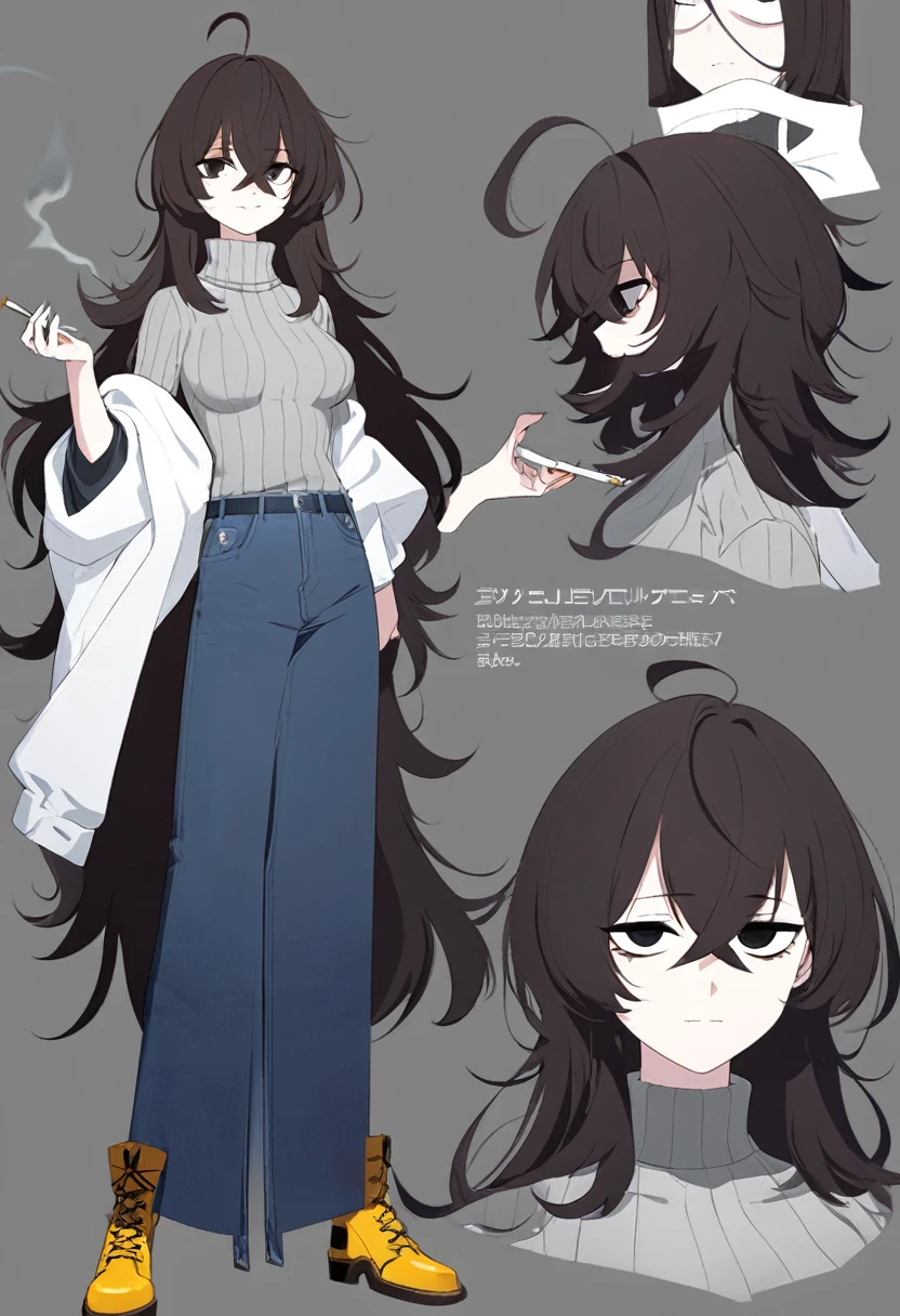 One Woman,Downer,older sister,Concept Art,Dark brown hair,Straight hair with slight inward curls,Staring eyes,Eye Ridge,black eye,Crossed bangs,whole body,smile,Slightly larger breasts,Gray background,Bangs that reach down to the eyes,Messy hair,Tight dark jeans,Gray turtleneck sweater,Multiple views of the same character,Character Design,Dark circles under the eyes,Bad look,Listless,Sloppy,Silver Jewelry,Cafe staff,Holding a cigarette,whole bodyCharacter Design,Detailed hands,Height: 170cm,boots,