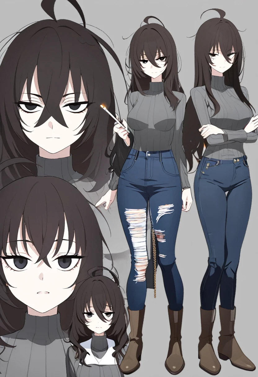 One Woman,Downer,older sister,Concept Art,Dark brown hair,Straight hair with slight inward curls,Staring eyes,Eye Ridge,black eye,Crossed bangs,whole body,smile,Slightly larger breasts,Gray background,Bangs that reach down to the eyes,Messy hair,Tight dark jeans,Gray turtleneck sweater,Multiple views of the same character,Character Design,Dark circles under the eyes,Bad look,Listless,Sloppy,Silver Jewelry,Cafe staff,Holding a cigarette,whole bodyCharacter Design,Detailed hands,Height: 170cm,boots,