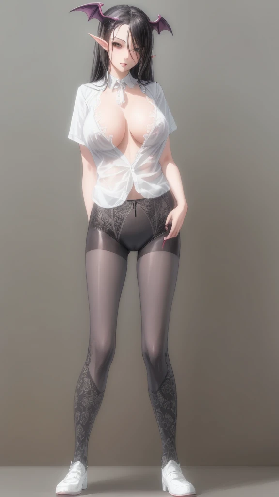 Succubus, sexy lingerie, tights, large breasts, full body, simple background,