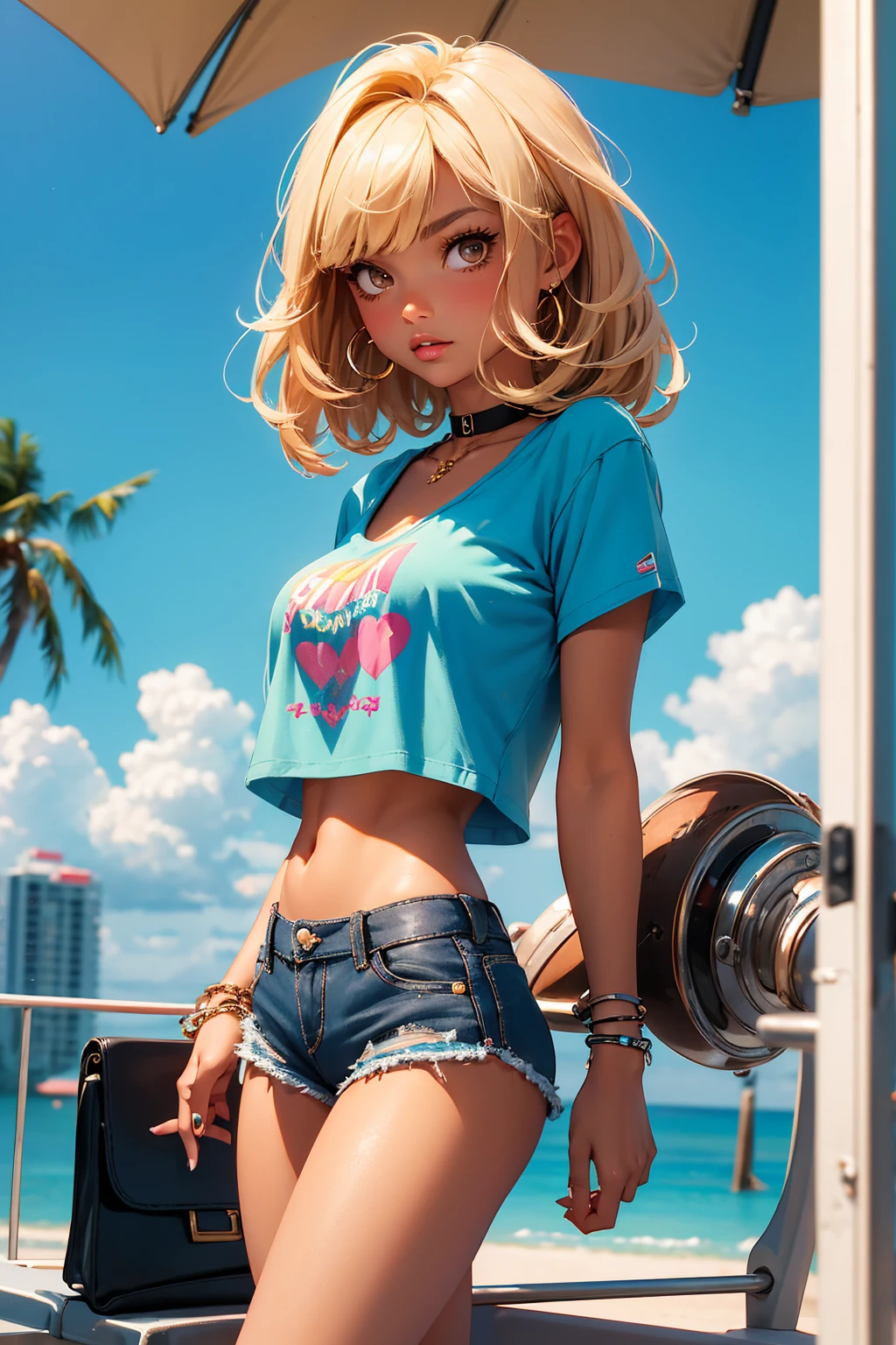 Teenage girl-model 18 years old, beautiful, tanned, blonde, bob hair, bangs, brown eyes, beautiful figure, girl wearing crop shirt and too short mini shorts, beautiful long legs, slave bracelets, slave choker, manicure, cute makeup, flirtatiously posing, hot summer, hot flirty, sexy posing, summer outfit, top quality, higest quality, pin-up style, retro 80s style, Daisy Dukes style, Miami vibes, Californian