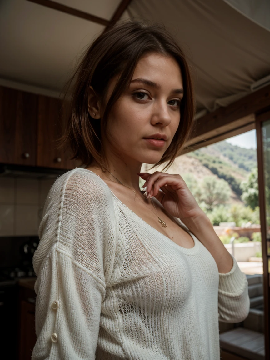8k,Russian girl,Russian traits,natural red hair,1girl, maxilar bonito, Alto detalhado, peitos perfeitos, high ilumination, realistic, 8k raw,rosto detalhado, Red hair, olhando para o espectador, jewelry, (franja) sardas (olhos azuis) cabelo curto, corpo inteiro, short hair style, short red hair style, detalhes,selfie da parte superior do corpo, feliz)), Tiroteio em uma tenda, bela luz de fundo, Sinal de abertura da tenda,obra de arte, melhor qualidade, ultra-detalhado, Sozinho, exteriores, (a noite), montanhas, natureza, (Estrela, a lua) alegre, feliz,, Aconchegante em um saco de dormir, dentro da tenda, When you open the tent, You can see some good riders outside.., madeiras, rock formations, rios, madeira, smoke, sombrio, contraste, clear sky, analog style (olhando para o espectador:1.2) (textura da pele) (Film grain:1.3), (tom quente, tom quente:1.2), fechar-se, cinematic light, side lighting, Os ultra-Highres, Melhores sombras, .....Cru, metade superior do corpo, wearing pullover, Relaxed and intimate photos, com longos cabelos loiros, (Uma grande variedade de modas) um pouco distante do espectador,