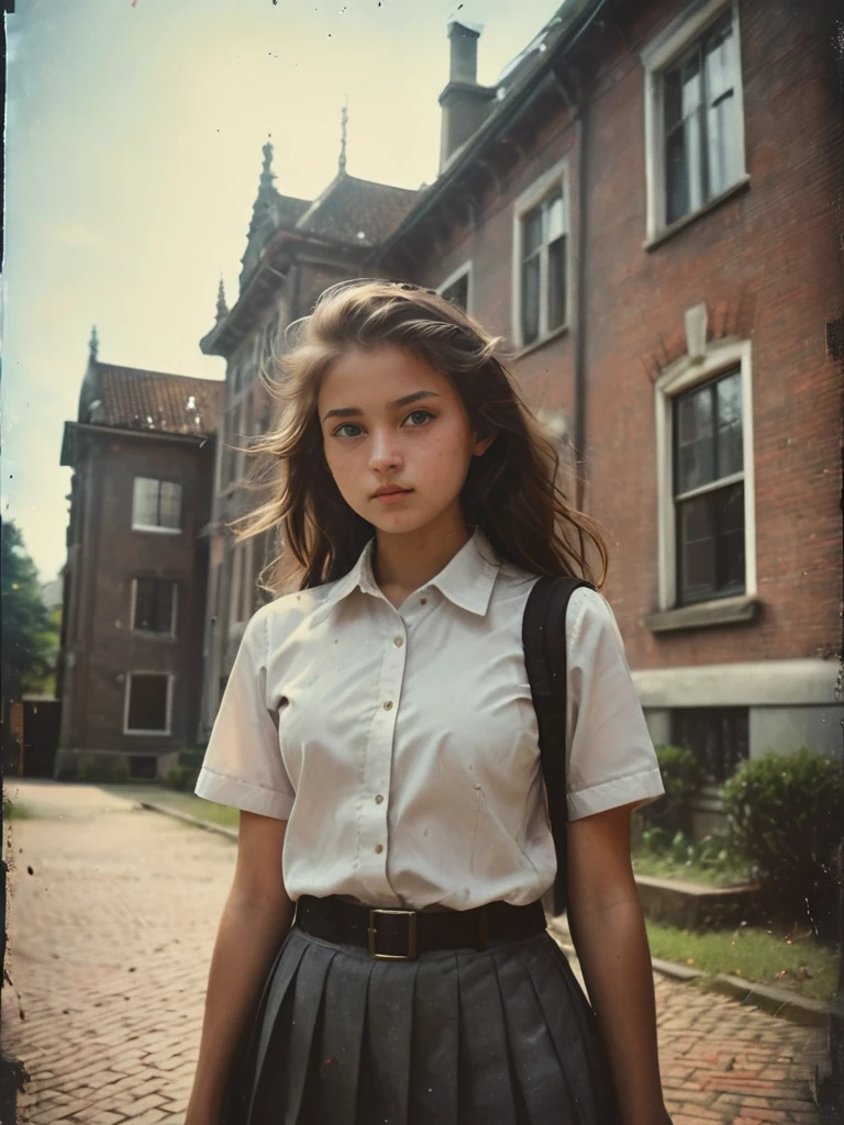 35mm film, An extreme low angle captivating photograph taken from the ground level below of a  high school girl posing outdoor with the background of a vintage intricately detailed Dutch colonial building. She is silhouetted against a radiant, open sky. With her long, tied-back hair flowing gracefully, she dons a humble uniform, white short sleeves shirt with brown patch on her left pocket grey pleated skirt and black belt, and a black school bag, she gazes intently at the camera, exuding an enigmatic aura. The striking, high-contrast lighting enhances the atmosphere, making this scene truly unforgettable. She is looking directly unto the camera with lost look and a slight smile, with cinematic lighting, professional high definition photography style ,fotorrealista
