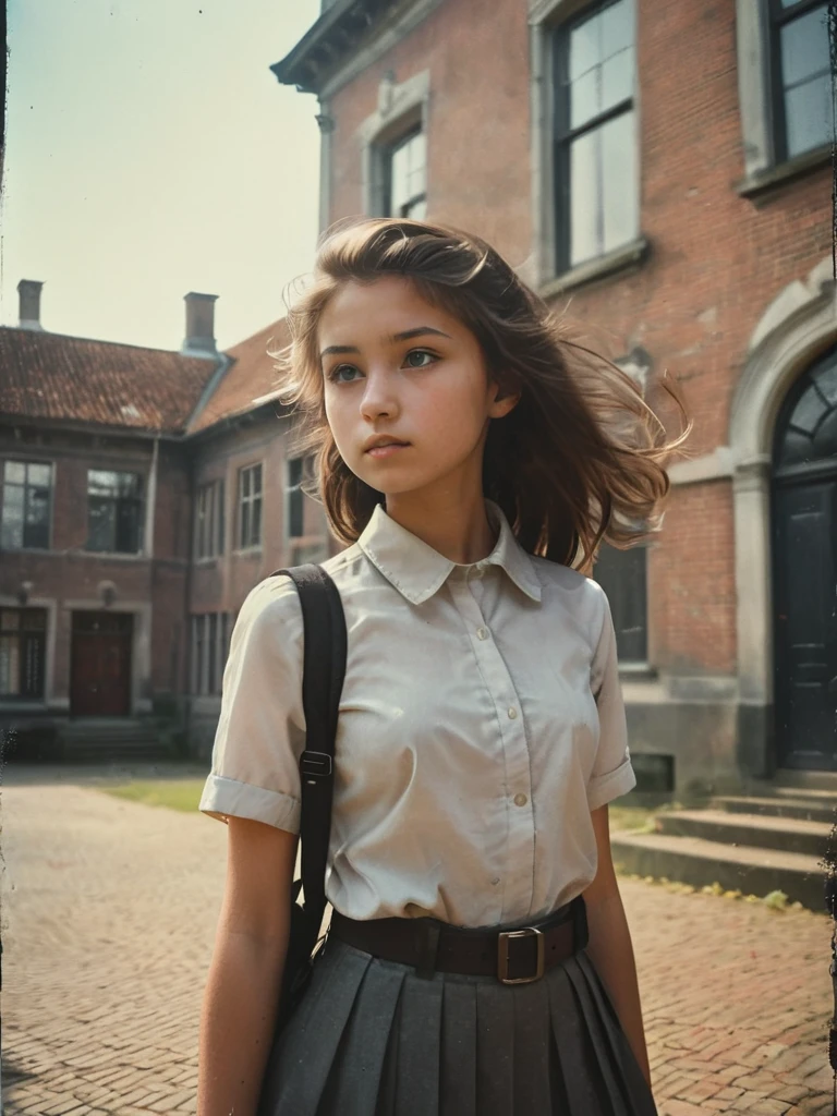 35mm film, An extreme low angle captivating photograph taken from the ground level below of a 16 year old high school girl posing outdoor with the background of a vintage intricately detailed Dutch colonial building. She is silhouetted against a radiant, open sky. With her long, tied-back hair flowing gracefully, she dons a humble uniform, white short sleeves shirt with brown patch on her left pocket grey pleated skirt and black belt, and a black school bag, she gazes intently at the camera, exuding an enigmatic aura. The striking, high-contrast lighting enhances the atmosphere, making this scene truly unforgettable. She is looking directly unto the camera with lost look and a slight smile, with cinematic lighting, professional high definition photography style ,fotorrealista
