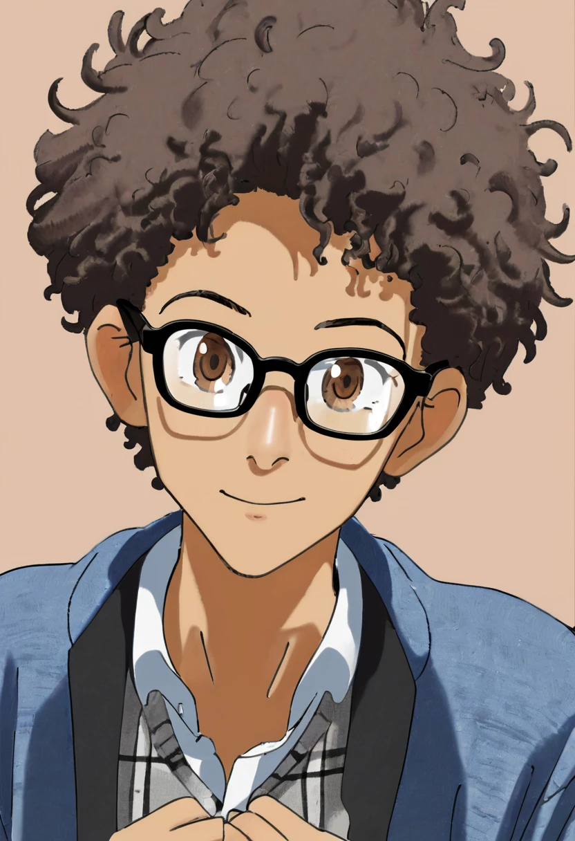 Beautiful brown skinned young man, brown fluffy hair, hazel-green eyes, black-framed glasses, blue-grey cardigan, gesture of fixing glasses, small heart, high quality, amount of drawing, pixiv illustration