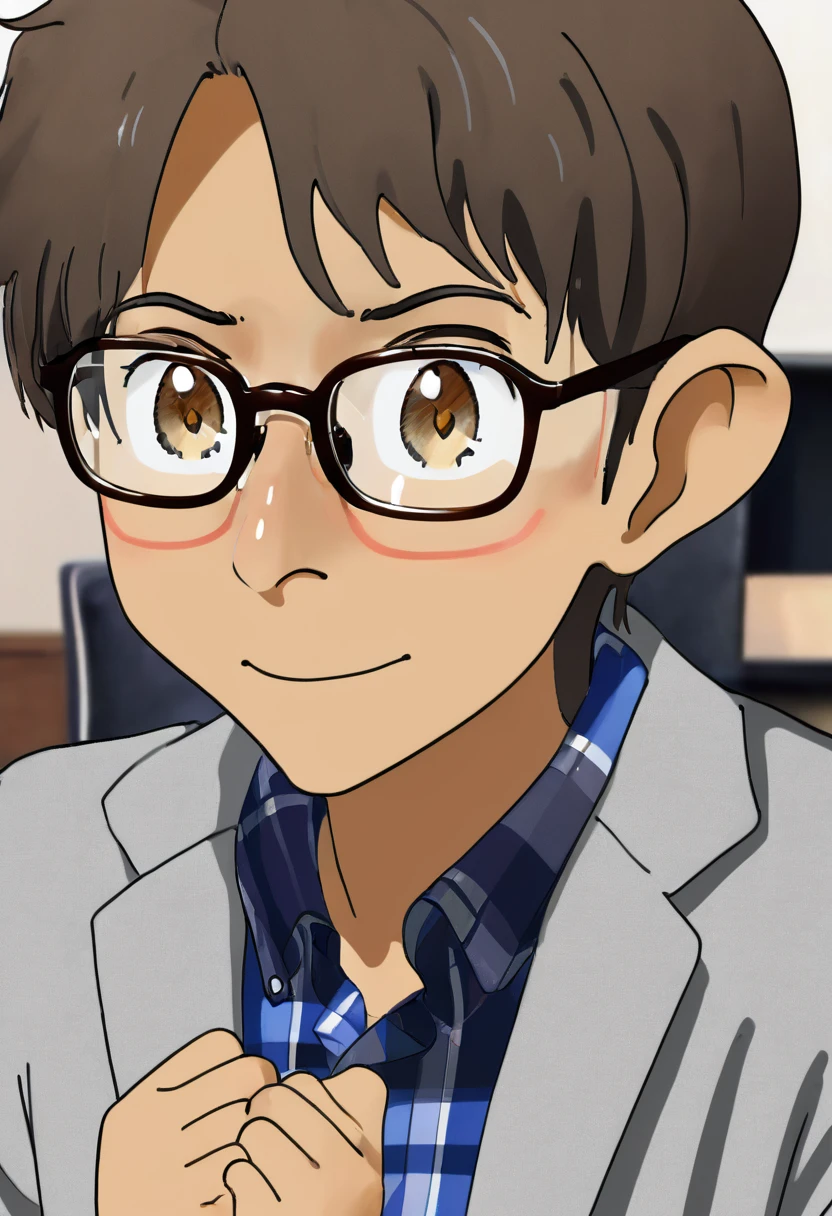 Beautiful brown skinned young man, brown fluffy hair, hazel-green eyes, black-framed glasses, blue-grey cardigan, gesture of fixing glasses, small heart, high quality, amount of drawing, pixiv illustration