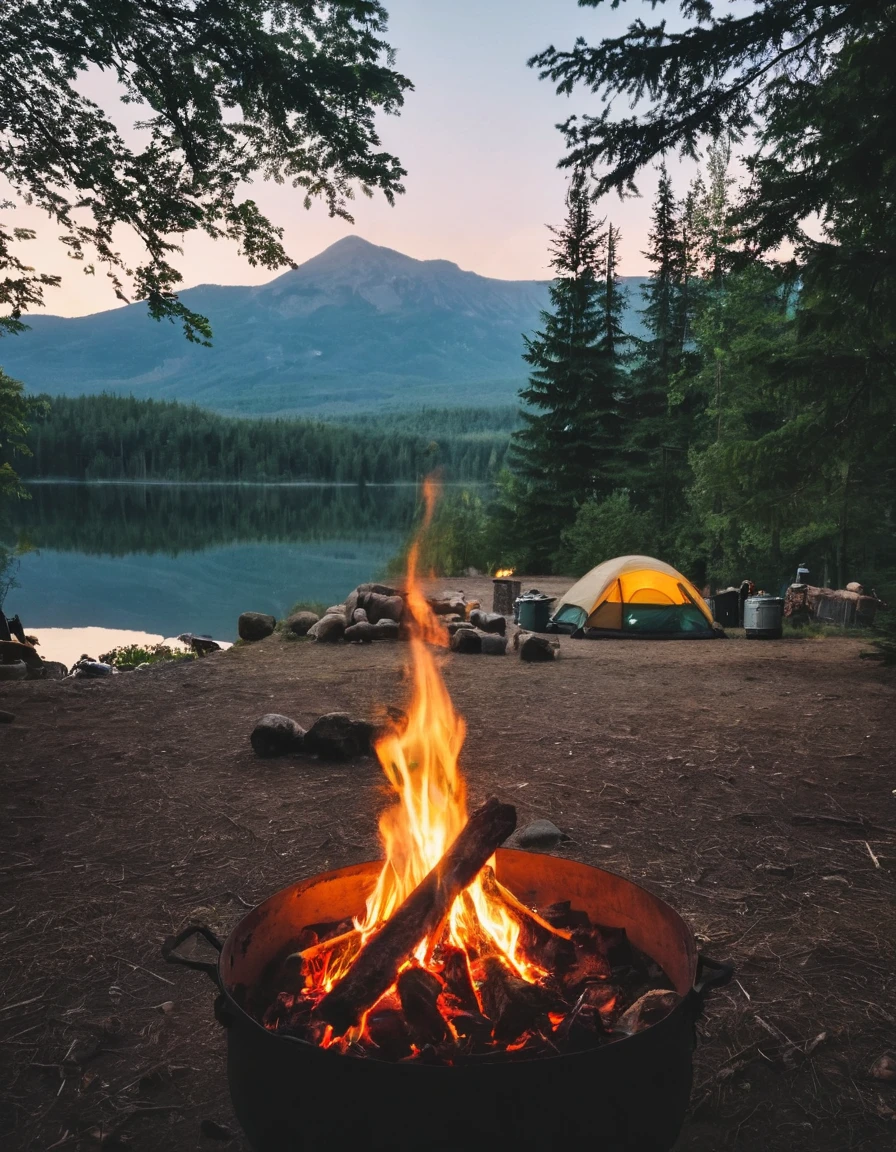 there is a campfire with food and a tent in the background, camping, campfire in background, camp fire, peaceful environment, campsites, setting in nature, summer setting, summer lake setting, all in the amazing outdoors view, at a campfire in the forest, outdoors setting, serene environment, summer evening, outdoor campfire pit, barrel fires and tents, beautiful environment, campfire