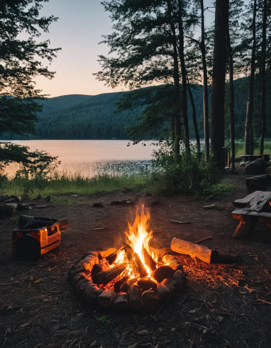 there is a campfire with food and a tent in the background, camping, campfire in background, camp fire, peaceful environment, campsites, setting in nature, summer setting, summer lake setting, all in the amazing outdoors view, at a campfire in the forest, outdoors setting, serene environment, summer evening, outdoor campfire pit, barrel fires and tents, beautiful environment, campfire