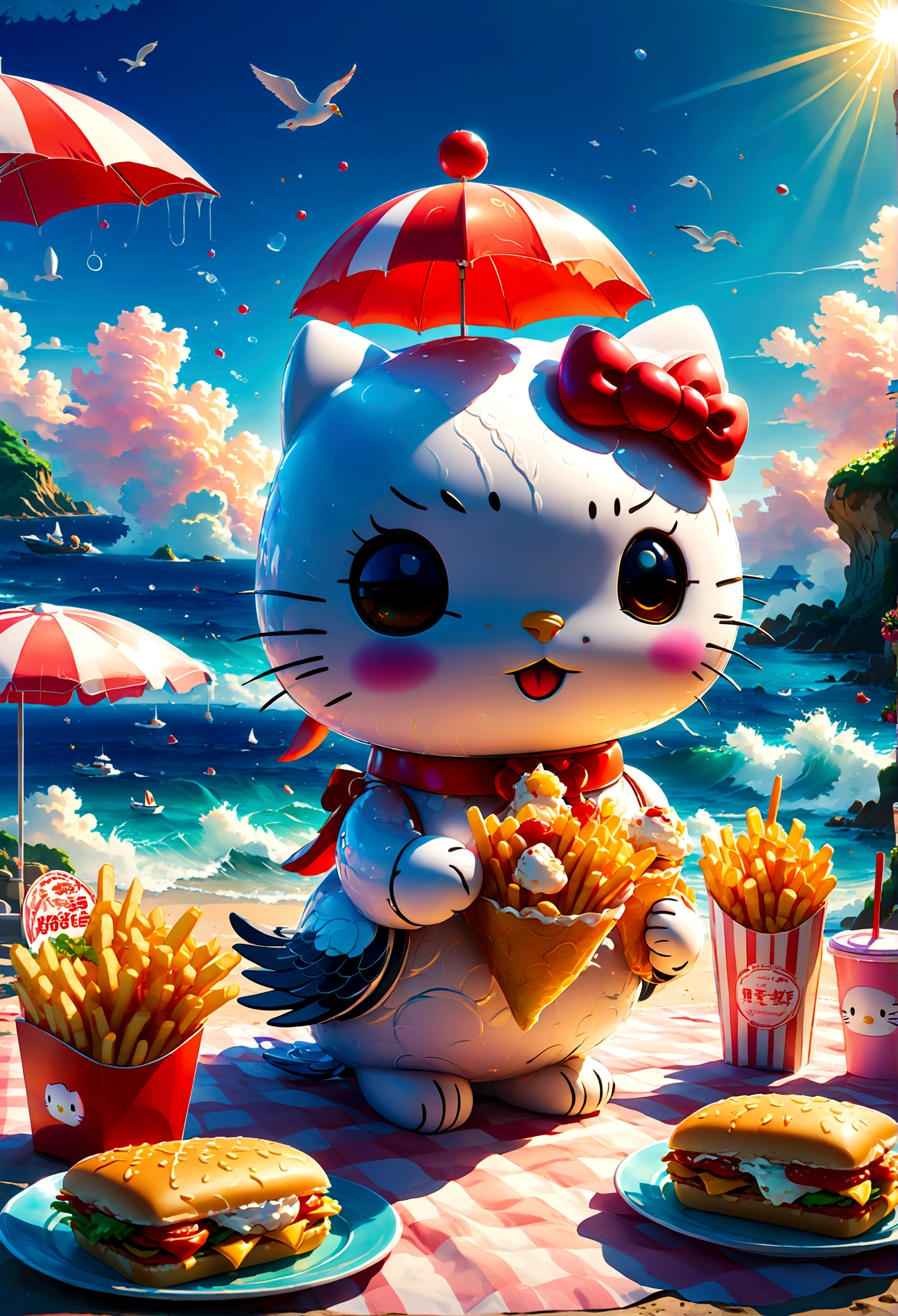 cartoon style, cute Hello Kitty invite MR Seagull eat Fries lunch together, picnic, by the sea, anime screenshot, source_anime, dramatic composition, cinematic dynamic action scene, vibrant colors, cinematic lighting, dramatic lighting, best quality, masterpiece, very aesthetic, perfect composition, intricate details, ultra-detailed