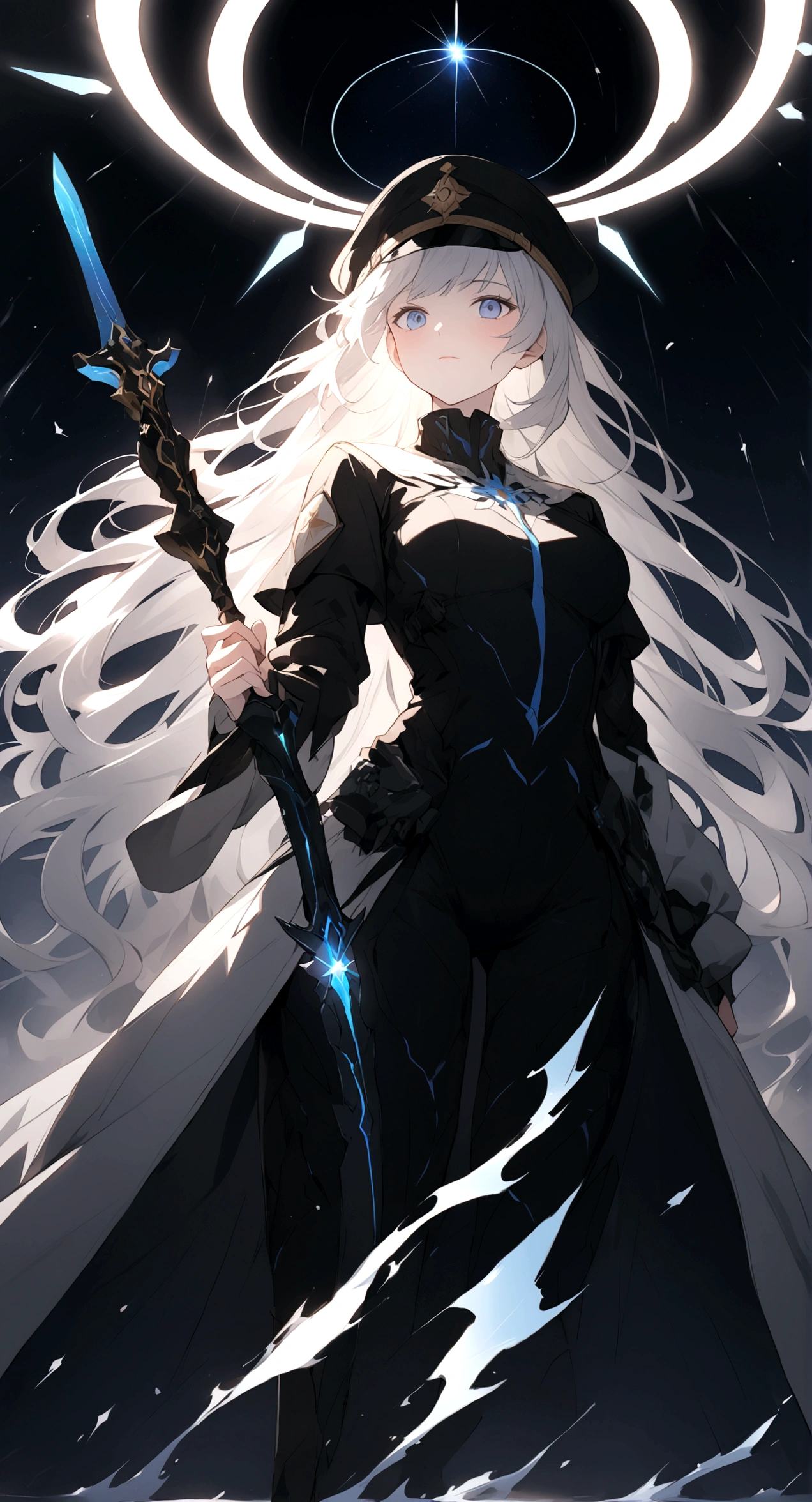 Picture a scene steeped in the depths of space science fiction warfare, where a young adult female commander emerges as the embodiment of resilience and command. Her presence is striking, with white hair that cascades like a cosmic waterfall, tinged with a subtle shade of glowing blue, reminiscent of the distant nebulas. She stands boldly in the midst of an burned interstellar conflict to punish the wicked, her modern advanced space uniform pristine and decorated with the emblems of her esteemed position as a commander. The commander’s hat she wears is not just a piece of attire but a symbol of her earned authority. Clutched in her grasp is a mystical sword, its blade alight with an ethereal blue flame that whispers of ancient power and forgotten lore. As she raises the sword, it seems to resonate with the energy of the cosmos itself. Behind her, the theater of war is set against the breathtaking backdrop of a contact binary star system, its twin suns weaving a dance of light spark and gravity that illuminates the void. Their connection forges a radiant arc across the sky, a bridge between worlds and a beacon in the tumultuous dark. This image seeks to capture the commander’s indomitable spirit, and the grandeur of the universe that serves as the stage for this epic saga