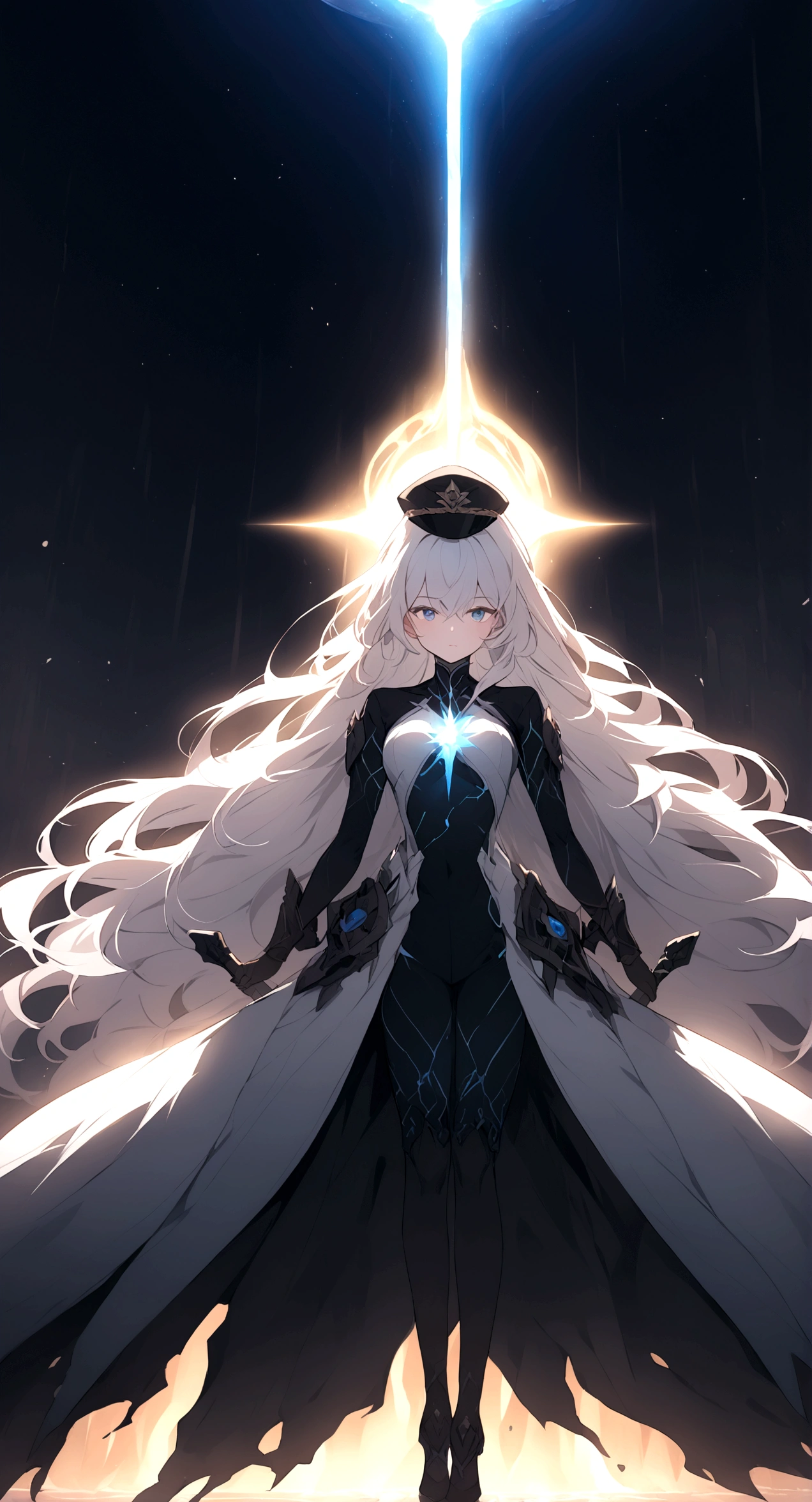 Picture a scene steeped in the depths of space science fiction warfare, where a young adult female commander emerges as the embodiment of resilience and command. Her presence is striking, with white hair that cascades like a cosmic waterfall, tinged with a subtle shade of glowing blue, reminiscent of the distant nebulas. She stands boldly in the midst of an burned interstellar conflict to punish the wicked, her modern advanced space uniform pristine and decorated with the emblems of her esteemed position as a commander. The commander’s hat she wears is not just a piece of attire but a symbol of her earned authority. Clutched in her grasp is a mystical sword, its blade alight with an ethereal blue flame that whispers of ancient power and forgotten lore. As she raises the sword, it seems to resonate with the energy of the cosmos itself. Behind her, the theater of war is set against the breathtaking backdrop of a contact binary star system, its twin suns weaving a dance of light spark and gravity that illuminates the void. Their connection forges a radiant arc across the sky, a bridge between worlds and a beacon in the tumultuous dark. This image seeks to capture the commander’s indomitable spirit, and the grandeur of the universe that serves as the stage for this epic saga
