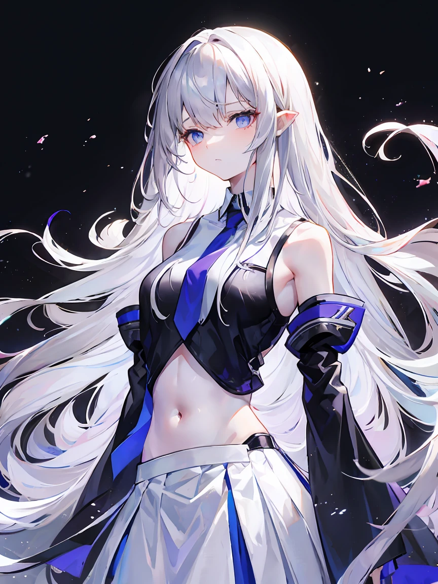 Light purple gradient hair,asymmetrical hair,((Thick hair 1.8,Clear head outline 1.6)), Shoulder-length hair, messy hair, Very long hair, shiny hair,(long gray hair:1.2),A beautiful girl,(White school uniform:2.0), Black skirt,Navel,Bare shoulders,Blue tie)(Separate sleeves,Wide sleeves),(Fingerless gloves),(Transparent clothes transparent 1.8),Perfect body,,(Looks sad,Looks haggard ,Grief,shut your mouth:1.2) With dark forest background,,Upper body photo。(avatar)