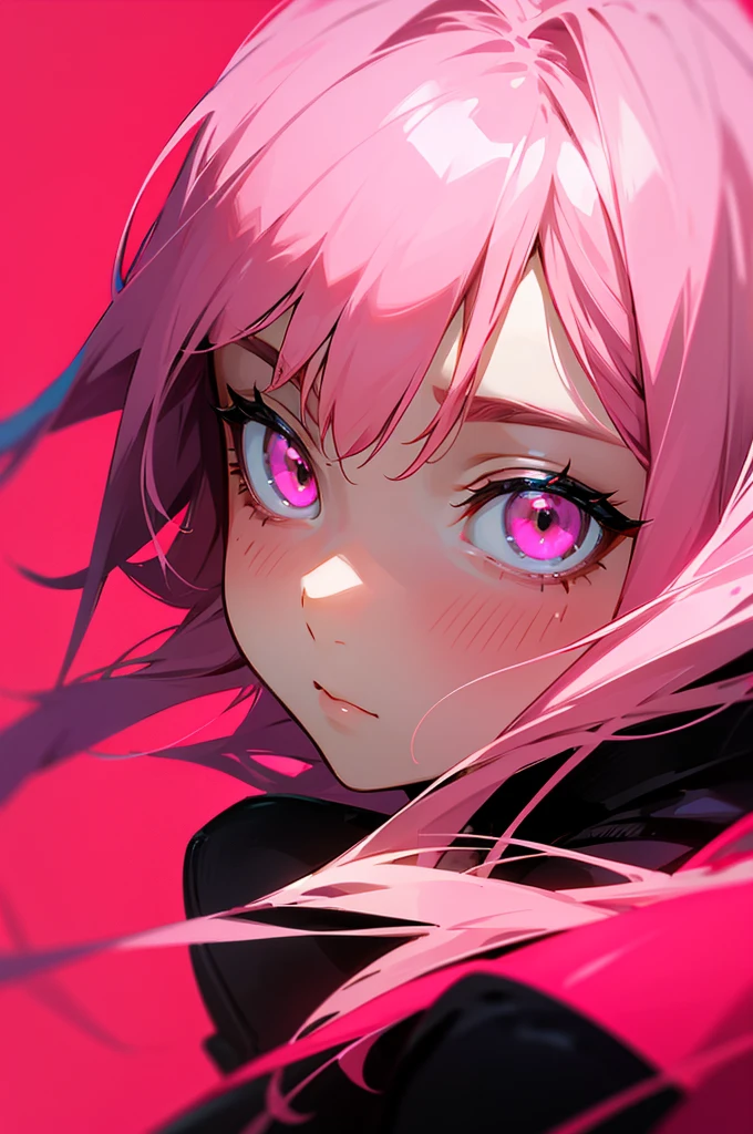 Young woman, Upper body, big face, Black and pink hair, pink eyes, , red background.