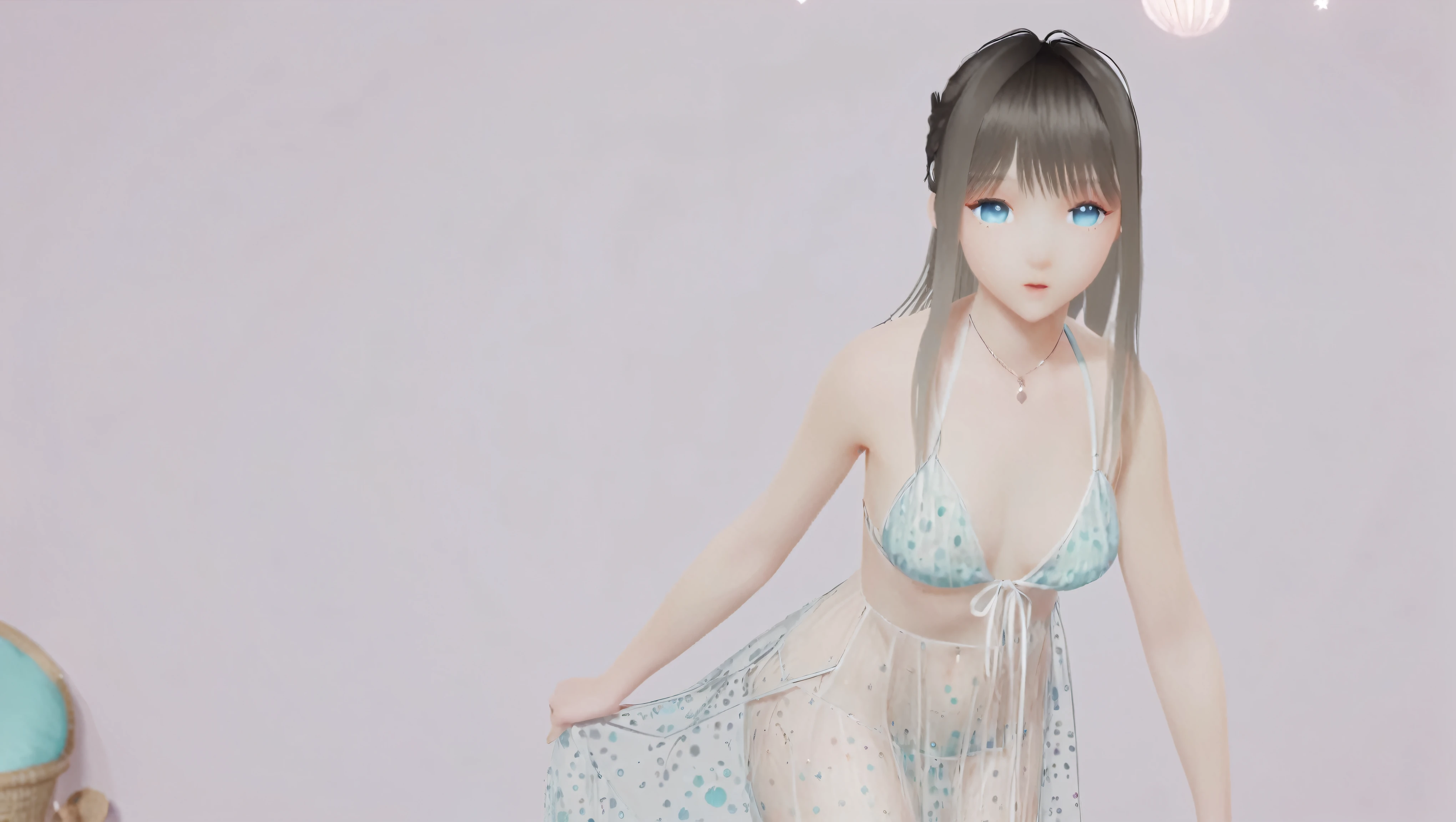 (8k, best quality, masterpiece), (ultra-detailed:1.1), (high detailed skin),1girl, arms_behind_back, bangs, bikini, blue_eyes, breasts, cowboy_shot, long_hair, looking_at_viewer, parted_lips, polka_dot, polka_dot_bikini, see-through, dress,solo, standing, swimsuit,