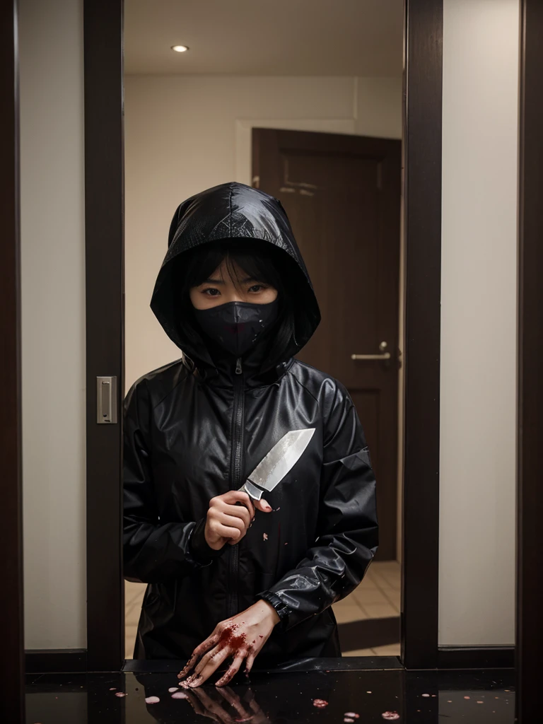 korean girl, (behind corpse, surgical mask), blood splatter, holding knife, stabbing, black gloves, room full of blood, transparent raincoat, hood up, holding knife, black gloves, behind corpse, short hair, night, mass murderer, robbery, in the hotel, light from the window