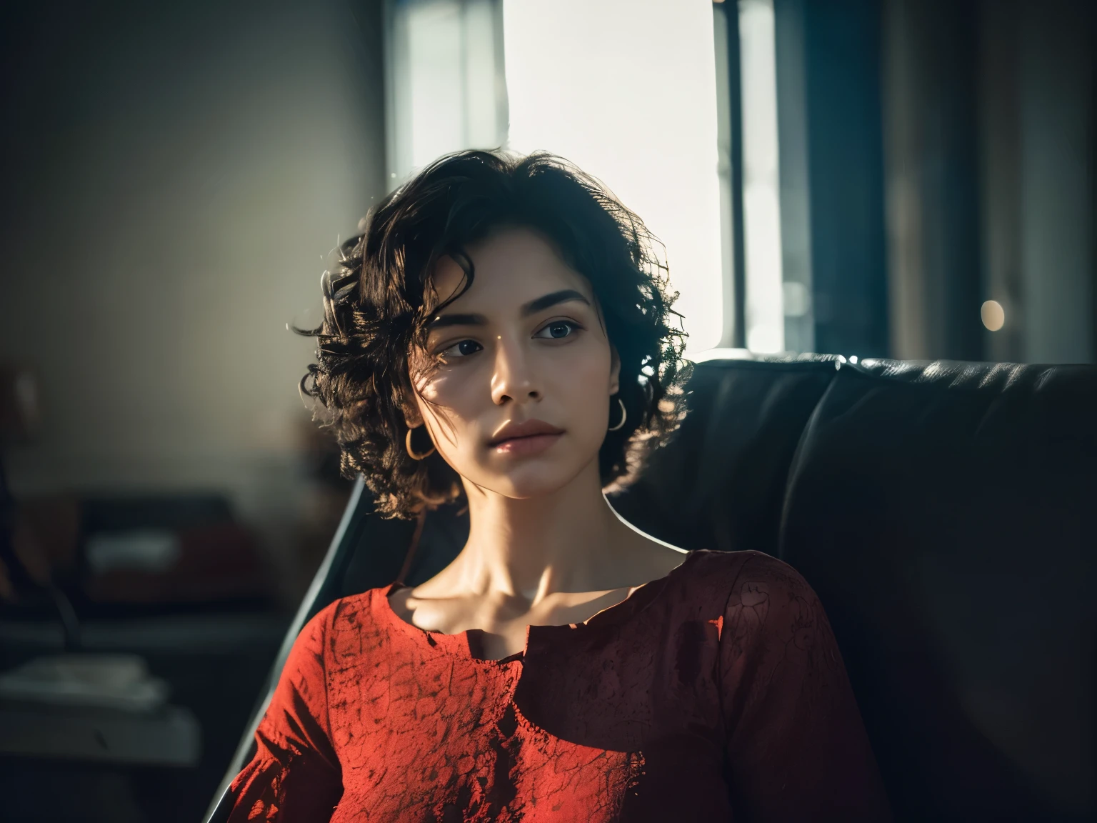 bloom, lens reflection, (8k, RAW, professional, best quality, masterpiece: 1.2), (realistic, photorealistic: 1.37), ultra-detailed, (wide-angle 25mm portrait), (most detailed skin: 1.2), very detailed face, cinematic lighting, 1girl, curly black hair, (windy), standing on the couch, dark light, looking at the camera, large breasts, black and red blouse