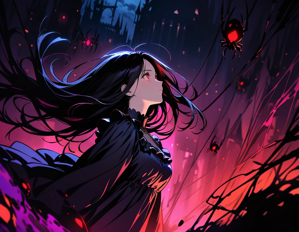 best quality, super fine, 16k, incredibly absurdres, extremely detailed, professional, vivid color, black hair, glowing red eyes, in the darkness, looking up, intense, in the darness, web, spider, arachne, detailed background,fantasy setting, dark castle background, long hair, flowy, wind, gloomy, dress, frills, dark magic,