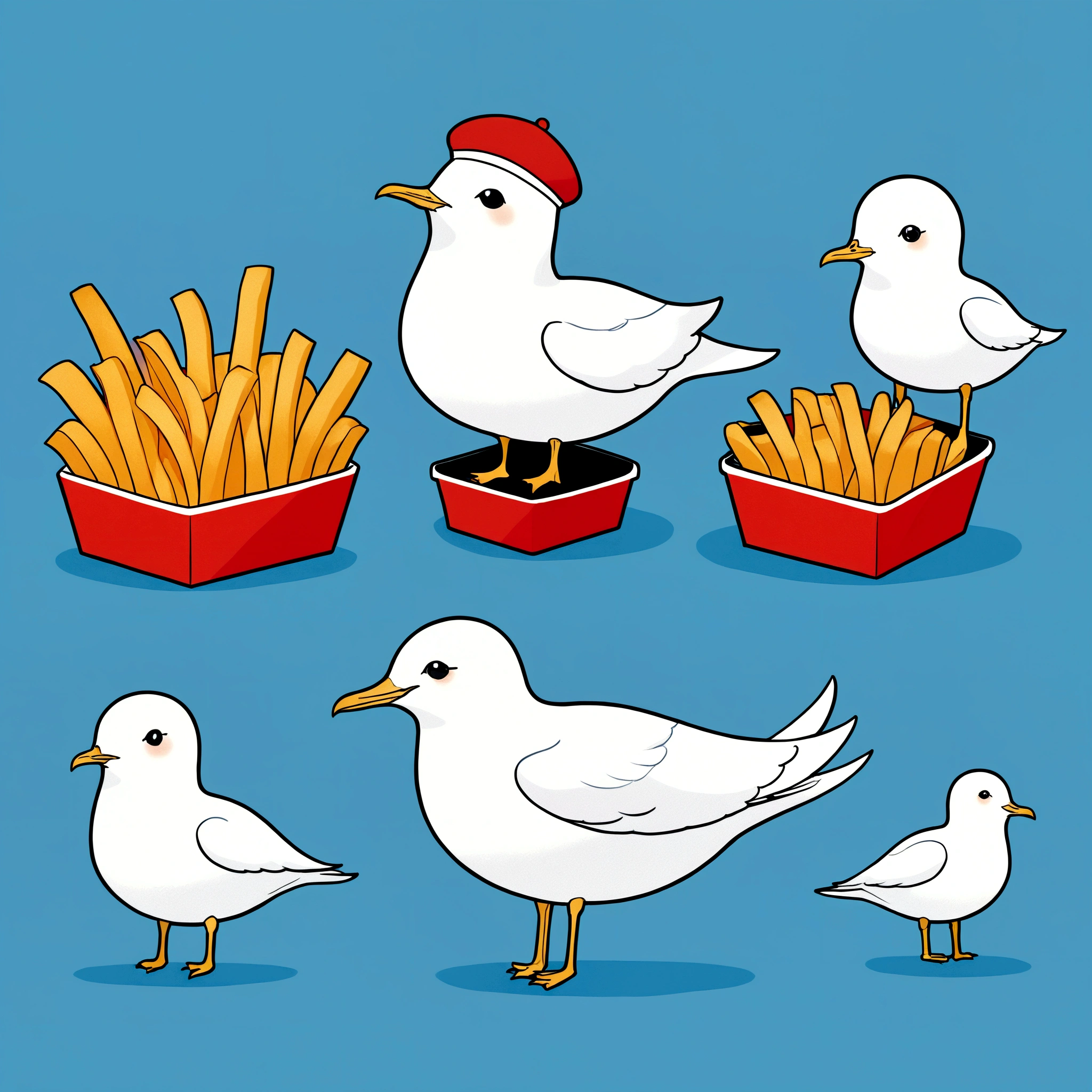 cute illustration,sailor style seagull,There are French fries near Kamemono.,This design is used for Scandinavian goods, T-shirts, etc.,(Influenced by Lisa Laurent),Illustrations drawn by picture book authors,(minimalist),(simple and cute),seagull,sailor's hat,french fries,anatomically correct,best composition,Eye-friendly color balance,nordic style,This is an illustration popular with women and children.,cute,fancy,Please draw carefully,kind,perfect anatomy