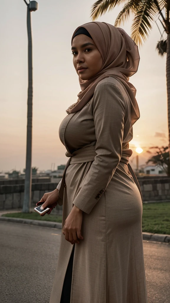 there is a woman wearing a scarf and holding a cell phone, a picture inspired by Basuki Abdullah, instagram, hurufiyya, faridah malik, taken at golden hour, with accurate face, potrait, during sunset, neutral face, hijab, face picture, 8k selfie photograph, face with artgram ((big breast)) ((big rounded ass))