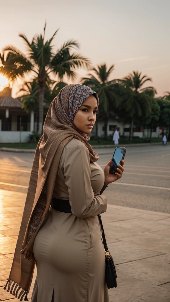 there is a woman wearing a scarf and holding a cell phone, a picture inspired by Basuki Abdullah, instagram, hurufiyya, faridah malik, taken at golden hour, with accurate face, potrait, during sunset, neutral face, hijab, face picture, 8k selfie photograph, face with artgram ((big breast)) ((big rounded ass))