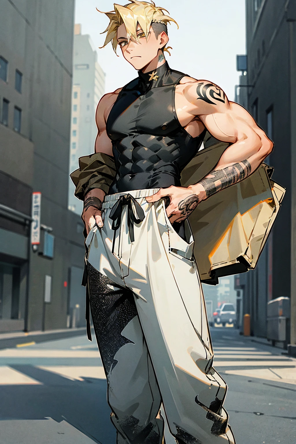 1male, blonde hair, black headband, expressionless, undercut hair, golden eyes, black tanktop, tattoos, baggy white camouflage pants, city background, detailed background, hands to side, standing on path