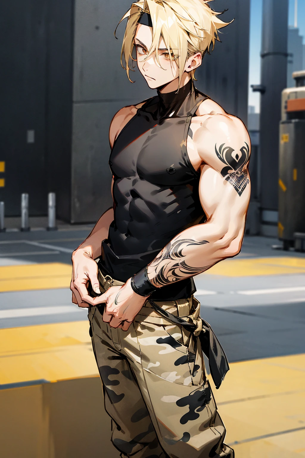 1male, blonde hair, black headband, expressionless, undercut hair, golden eyes, black tanktop, tattoos, baggy white camouflage pants, city background, detailed background, hands to side, standing on path