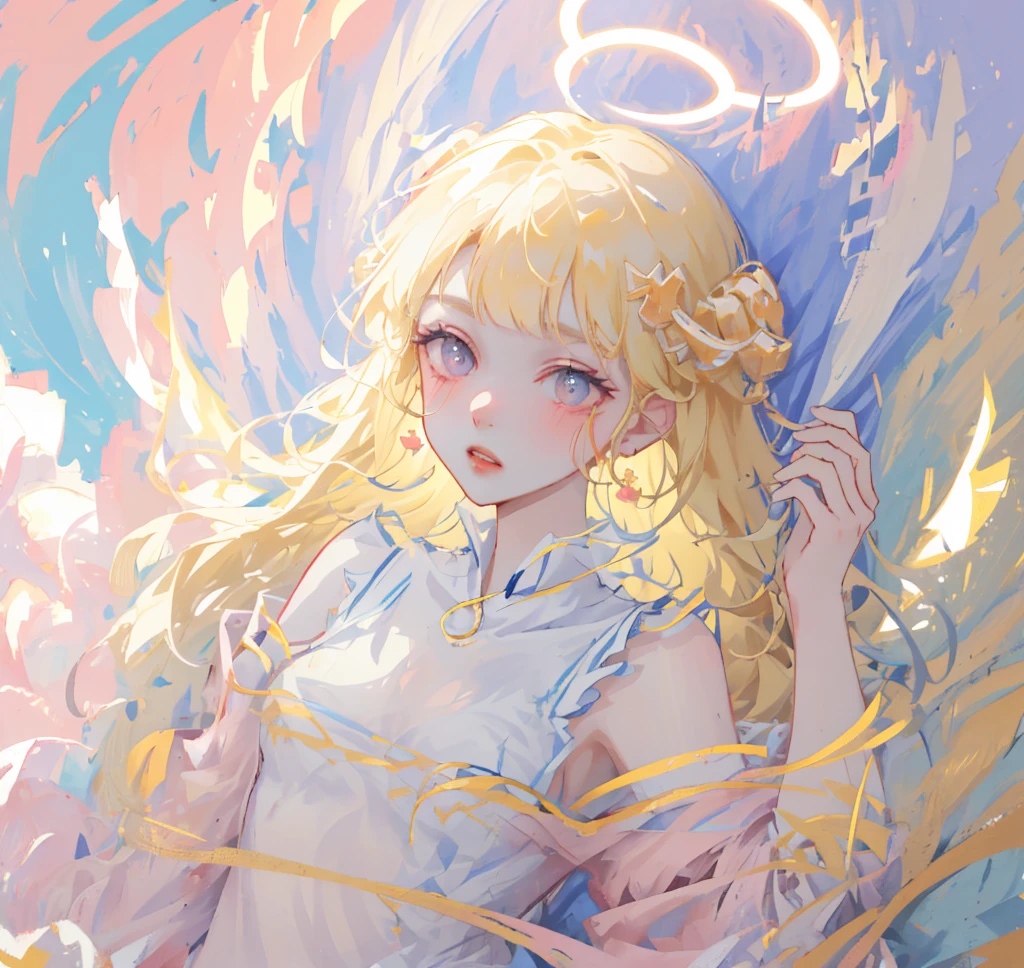 (High quality) (best quality) (A woman) (correct physiognomy) woman, long blonde hair with bangs on her forehead, four small angel wings emerge from her head, two on the left side and two on the right side, two wings of angel emerging from her back, a golden halo behind her head, golden eyes, sensitive lips, feminine appearance, soft facial features, thin eyebrows, soft skin, slightly blushed cheeks, pink lips, silky eyelashes, dreamy expression, middle age , white dress with straps on the shoulders, skirt cut diagonally leaving one leg exposed, location of the photo the woman must be in the middle of the forest, photo illuminated by sunlight, full body proportion, showing in the photo the body from head to torso
