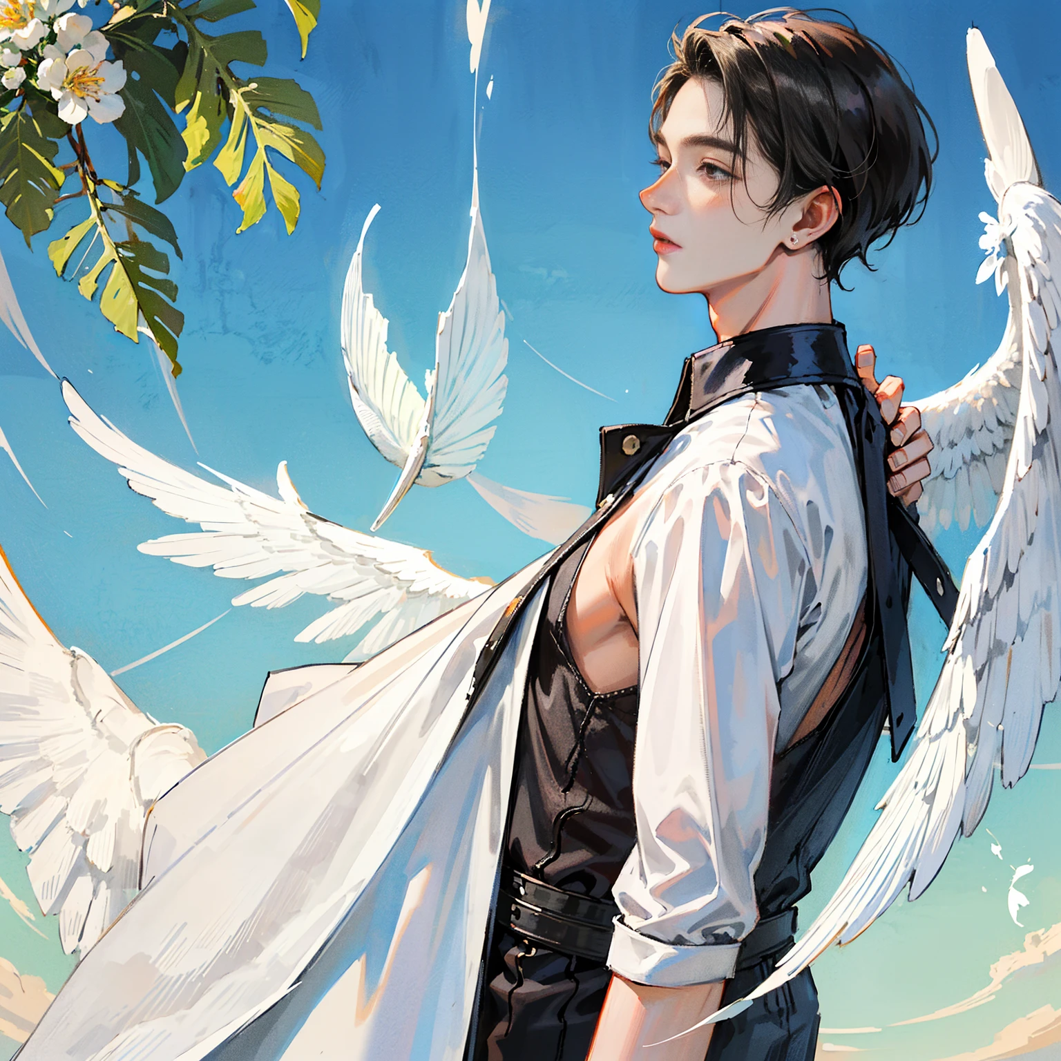 Ultra-Real CG K ,((premium、8k、32K、masterpiece、Hmph:1.3)), (Ultra-thin illustration)、(Ultra-high resolution), (((Adult body))), (((A young man with white wings on his back:1.5))), Brooklyn's Gladiadores, (( Short Hair Bob )), Ripped rugby team t-shirt, Short blonde, Metallic protective gear with intricate graphics on the left arm, Dark red with white stars and blue and white stripes, Full of tips and rivets., Venom Tattoo (((Image from the knees up))), Short white blonde hair, In the background、 Intricate designs painted by Shepard Fairey