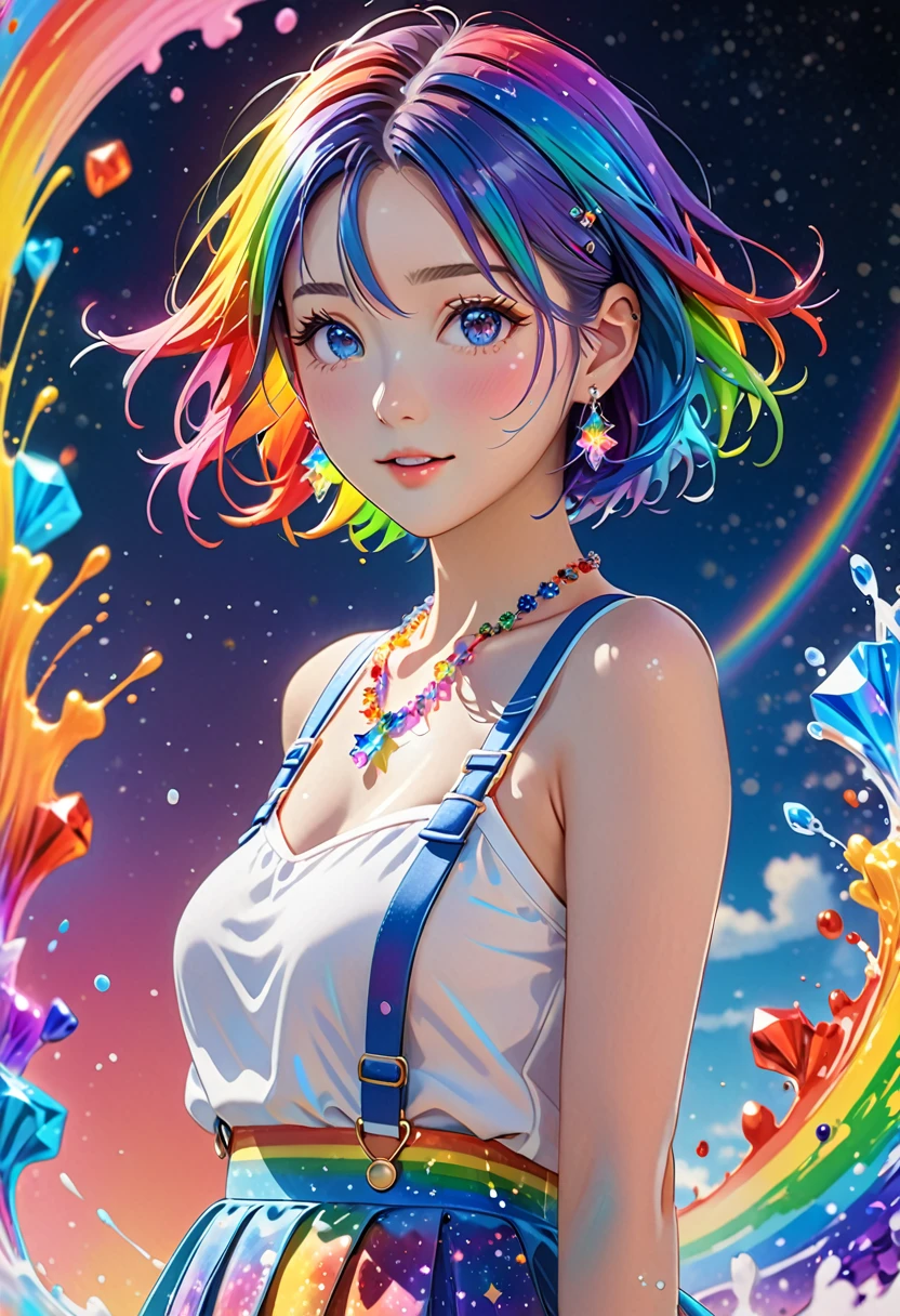anime, 1 girl, japanese, full body picture, jumping, posing for a picture, masterpiece,High resolution,8K,Art,digit,Three-dimensional,Realism,Kyoto Animation Style,your name movie style, ((Paint splashes,splash of color, Ink splash)),looking into camera,Soft Light,Glowing skin,(1 female: 1.3),(alone: 1.4),(((colorful hair))),((Colorful suspender skirt)),(Rainbow crystal hair clip),(Rainbow crystal small necklace),(Rainbow crystal small earrings),(Rainbow crystal bracelet),(Rainbow crystal ring),Long eyelashes,Slender legs,Short Bob,Close-up of upper body,Close-up,close view,colorful background,(Eyes as deep as the starry sky),(Shut up),(blush),(shy),(lovely and delicate)