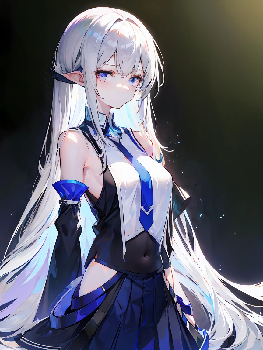 Light purple gradient hair,asymmetrical hair,((Thick hair 1.8,Clear head outline 1.6)), Shoulder-length hair, messy hair, Very long hair, shiny hair,(long gray hair:1.2),A beautiful girl,(White school uniform:2.0),( Black skirt,Navel,Bare shoulders,Blue tie)(Separate sleeves,Wide sleeves),(Fingerless gloves),(Transparent clothes transparent 1.8),Perfect body,,(Looks sad,Looks haggard ,Grief,shut your mouth:1.2) With dark forest background,,Upper body photo。(avatar)