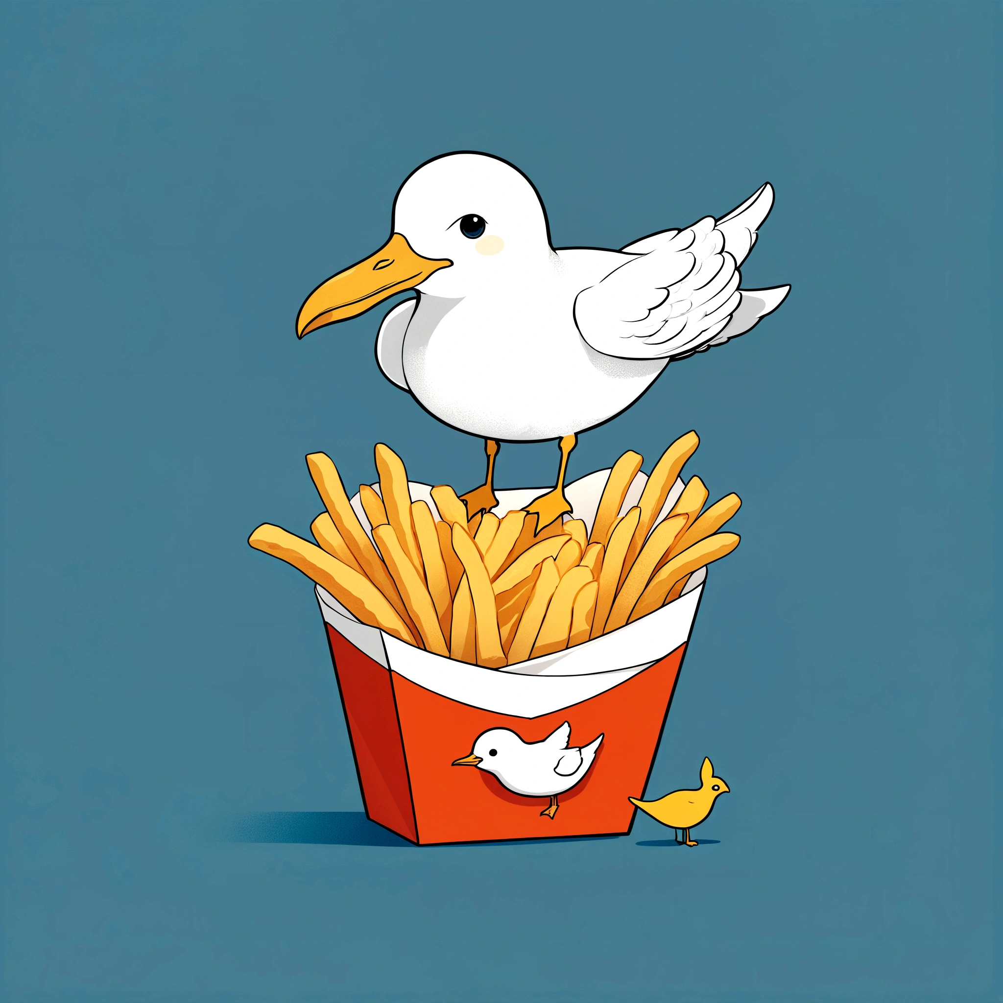 cute illustration,sailor style seagull,There are French fries near Kamemono.,This design is used for Scandinavian goods, T-shirts, etc.,(Influenced by Lisa Laurent),Illustrations drawn by picture book authors,(minimalist),(simple and cute),seagull,sailor's hat,french fries,anatomically correct,best composition,Eye-friendly color balance,nordic style,This is an illustration popular with women and children.,cute,fancy,Please draw carefully,kind,perfect anatomy