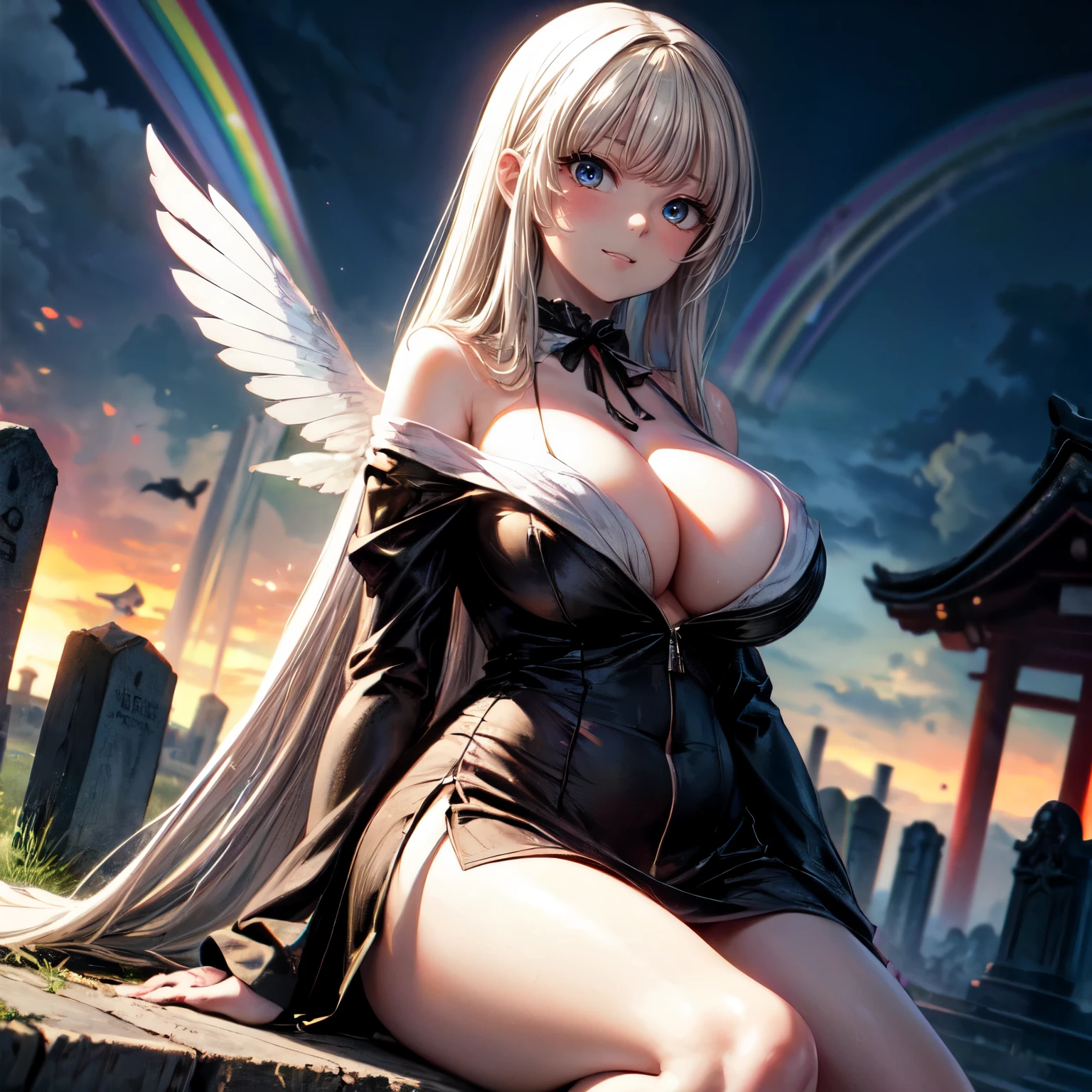 Masterpiece, detailed anime poster, (((wings))), 1girl,solo,huge breasts, ghost costume , (hitodama) ,night, tombstone, graveyard,,, long sleeves, very long sleeves, , ghost, pale skin,, off shoulder, cleavage, no bra, (((extremely long white hair))), sitting on tombstone, bare legs, shredded tattered clothes, curvy wide hips, massive breasts, chubby thighs, (((beautiful rainbow colors anime eyes))), japanese temple,
