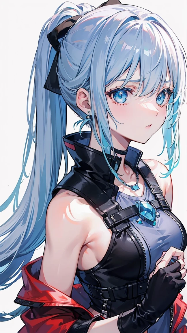 1 Girl, Aqua eyes, Back, Bangs, Bare shoulders, black Gloves, blue eyes, Weaving, Necklace, earrings, fingerless Gloves, From the back, Gloves, Gray hair, Keep, jacket, Jewelry, Long hair, Looking at the audience, looking Back, Nail polish, Off-shoulder, Open your mouth, punching, Ponytail, red jacket, Solitary, Upper Body,He didn&#39;t,[[Practical]],(Glowing skin),(masterpiece:1.4),(best quality:1.4)