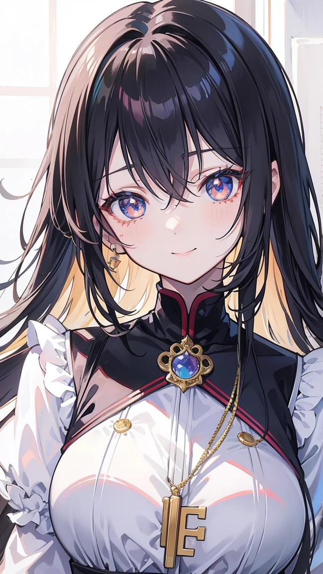 masterpiece, best quality, {best quality}, {{masterpiece}}, {high resolution}, Key Points, Anime style, Cartoon closeup of a lady, Girls Design, portrait, Gisha, Anime Character, Long hair, Black Hair, Direct vision, Hair covers the ears, Happy, Delicate and powerful appearance, Dissonance, High target, freckle, Smile, Chic clothing