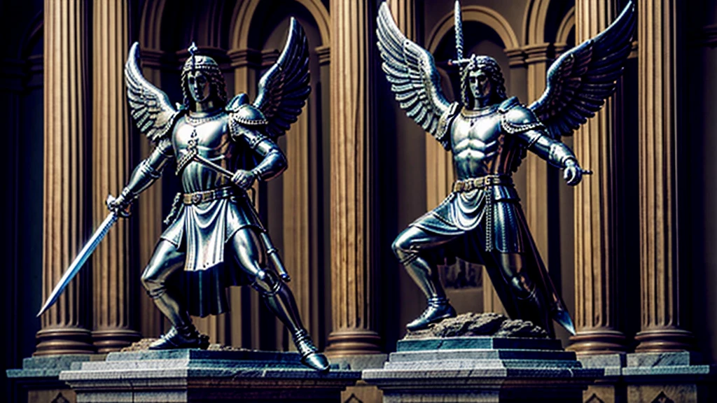 Cinematic image with rich details of a statue of Saint Michael the Archangel wearing a warrior's outfit, raising his sword and stepping on the devil's head