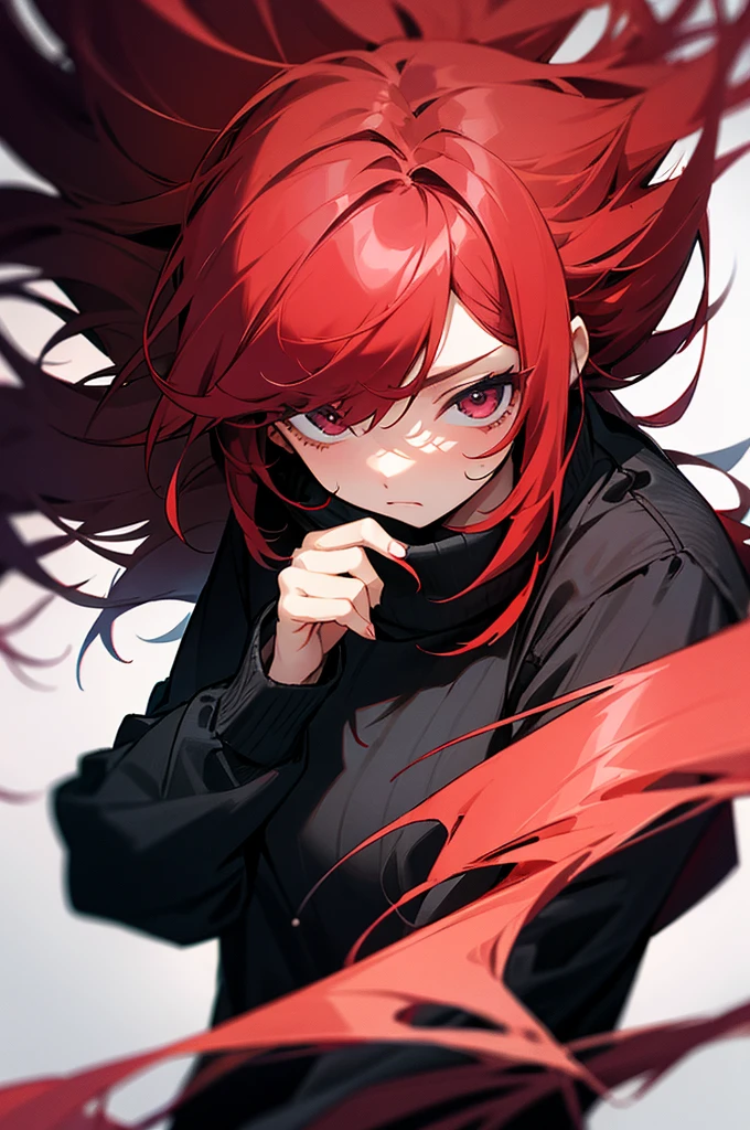 girl、red hair、messy hair、dark look、anxiety、impatience、Black sweater