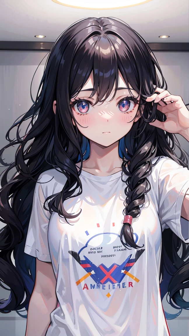 18 year old American girl, Video Game Players, Wearing a short semi-transparent T-shirt, Black Hair, ((blush: 0.8)), Natural skin texture, 4K Textures, Very detailed, Crazy details, Light color , ((Long wavy hair)), ((With a smile on your face: 0.4)), (No: 0.2), ((Look directly into the camera)), ((Tilting your head: 0.8 )), ((Small Breasts:1)).  
