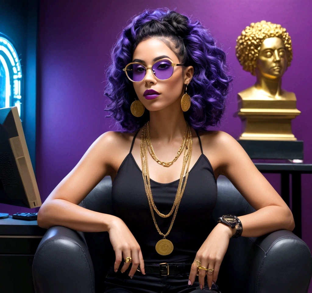 Cabelo: Roxo e preto, tatuagens no corpo entre diferentes penteados (liso, ondulado, preso, solto).Pele: Morena.Corpo: Coxas largas, seios grandes e bonitos.Roupas: Diferentes em cada cena, with luxurious pieces and jewelry with casual.glasses:Diferentes estilos e cores (roxo, azul) em algumas cenas.Maquiagem:Lips painted black and purple, maquiagem chamativa.I want a sculpture of stoic philosophers with a black and white background. The image should focus on philosophers holding money or in a meeting and showing wealth. Must be a full body sculpture with walls or buildings in the background.. Hyper realistic wearing the gold chain glasses, several gold coins scattered on the floor ,Jovem de pele escura e mista, com longos cabelos pretos, carregando um telefone no computador e segurando dois monitores, sentada na sala, cyberpunk sci-fi tropical island., brilhante, detalhado, 8K, intricado, Fantastic, vibe colorida, brilhante, maravilhoso, Reggae