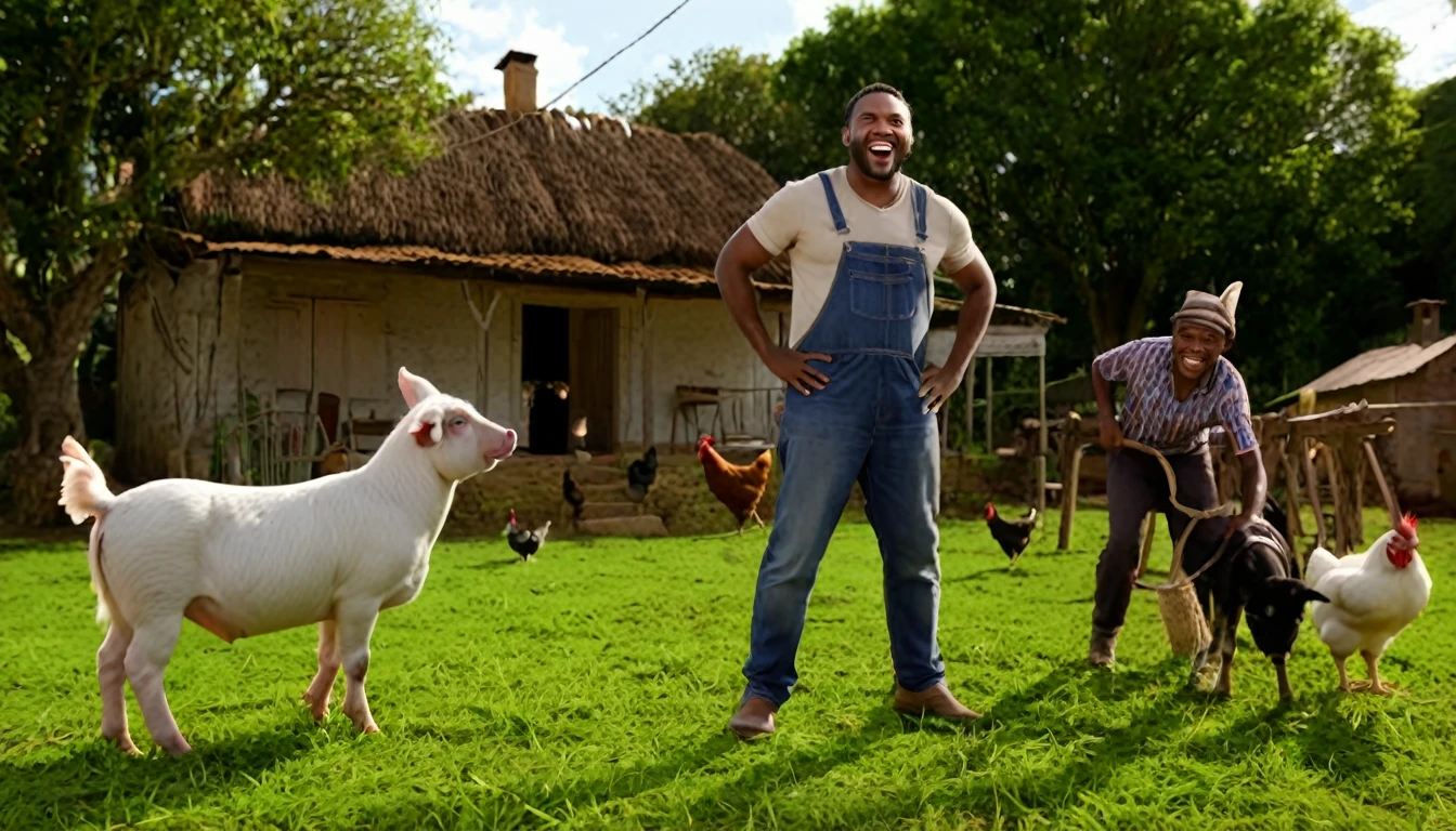create an image for a video cover, like an advertisement for a film in the cinema, rural house, black man in front, backyard with dog, chickens, pigs, donkey, highlight the title Hilary Adventures of Zeca do Boi: Guaranteed Laughs in the Country