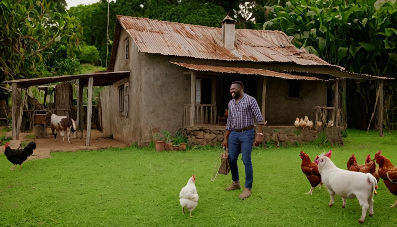 create an image for a video cover, like an advertisement for a film in the cinema, rural house, black man in front, backyard with dog, chickens, pigs, donkey, highlight the title Hilary Adventures of Zeca do Boi: Guaranteed Laughs in the Country