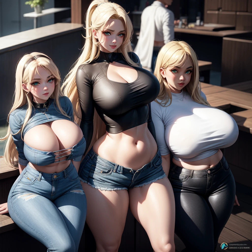 Big round breasts, clevage, curvy, amazing body, realistic, blonde hair, light green eyes, amazing big eyes, eye details, eyebrow details, white crop top, denim skirt, big lips, blush, confident, dominant, bdsm, smirk, naughty, mischevious face, HD, good quality, crop top, curvy, standing up, lounge area