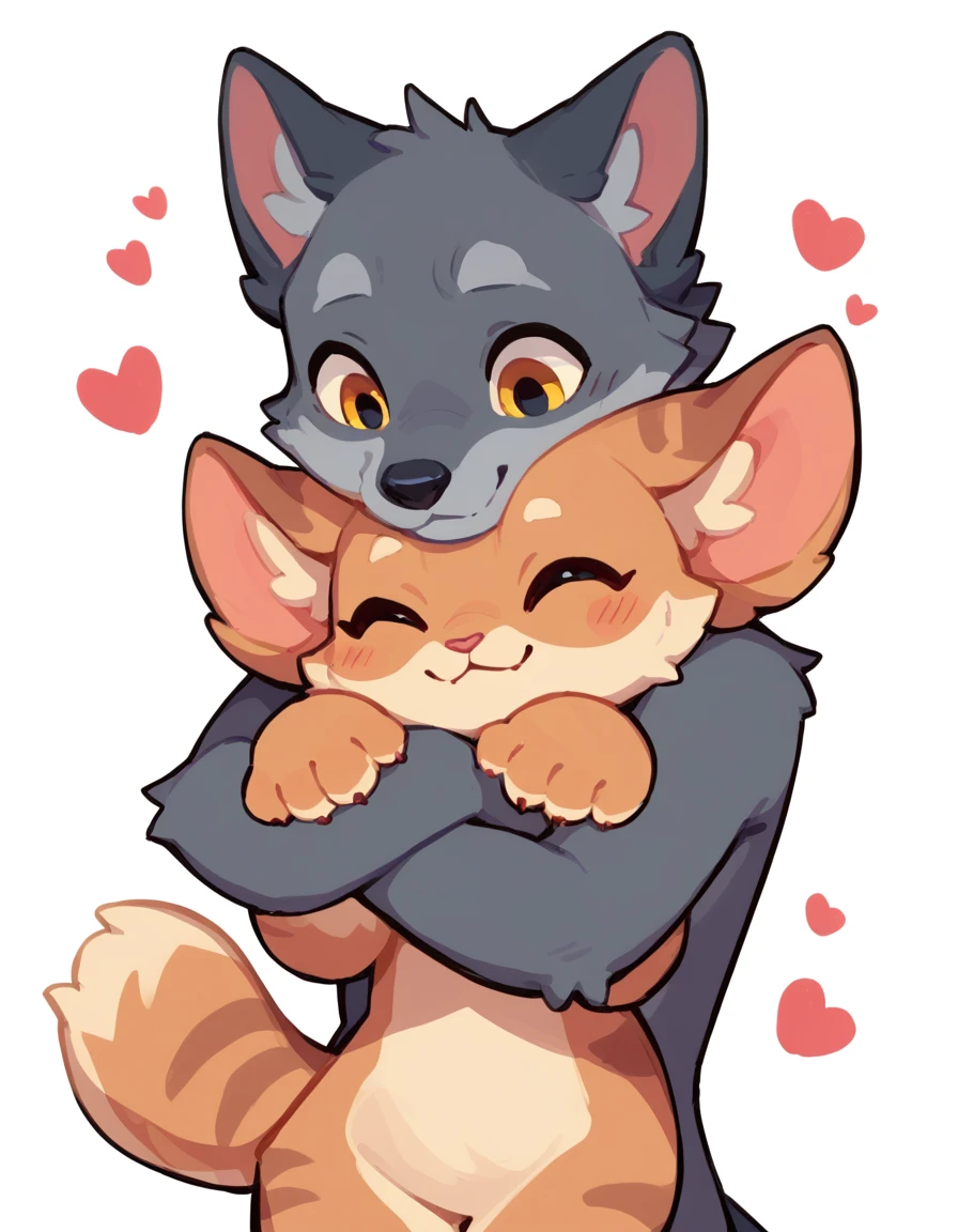 The Q version of the cute furry wolf hugging a furry cat, romantic, cute, love, white background 