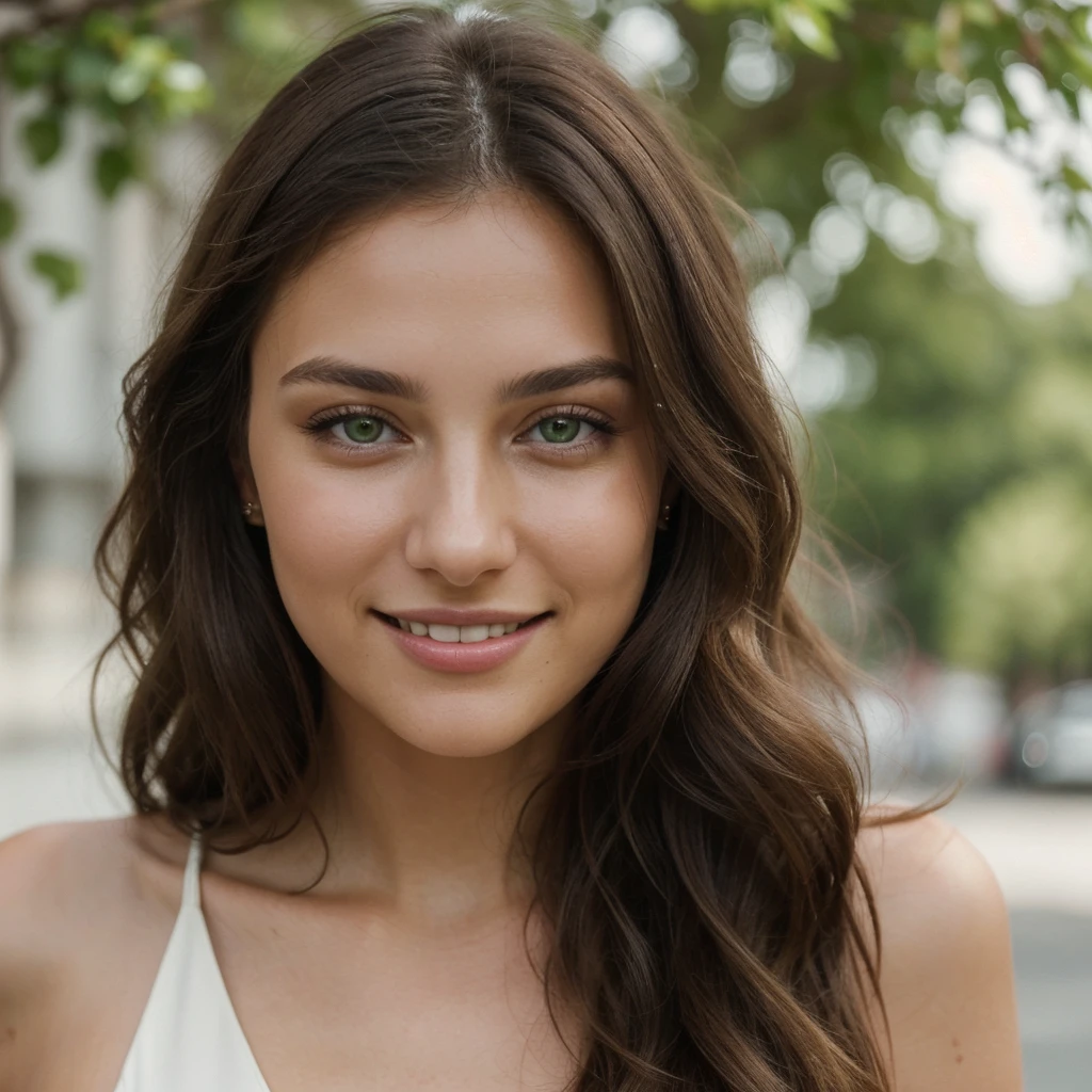 A beautiful and lively 25-year-old brunette woman looking straight ahead, with green eyes. The focus is on her face only. She has a charming smile, and her long hair is styled sleekly. She is wearing a modern and elegant outfit that enhances her beauty. The background of the image is simple to emphasize her presence.",
"style": "realistic",
"lighting": "natural",
"emotions": "joy, confidence",
"additional details": "Slightly tan skin, light makeup, minimalist accessories."