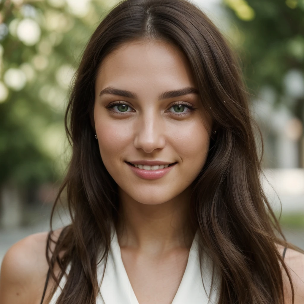 A beautiful and lively 25-year-old brunette woman looking straight ahead, with green eyes. The focus is on her face only. She has a charming smile, and her long hair is styled sleekly. She is wearing a modern and elegant outfit that enhances her beauty. The background of the image is simple to emphasize her presence.",
"style": "realistic",
"lighting": "natural",
"emotions": "joy, confidence",
"additional details": "Slightly tan skin, light makeup, minimalist accessories."