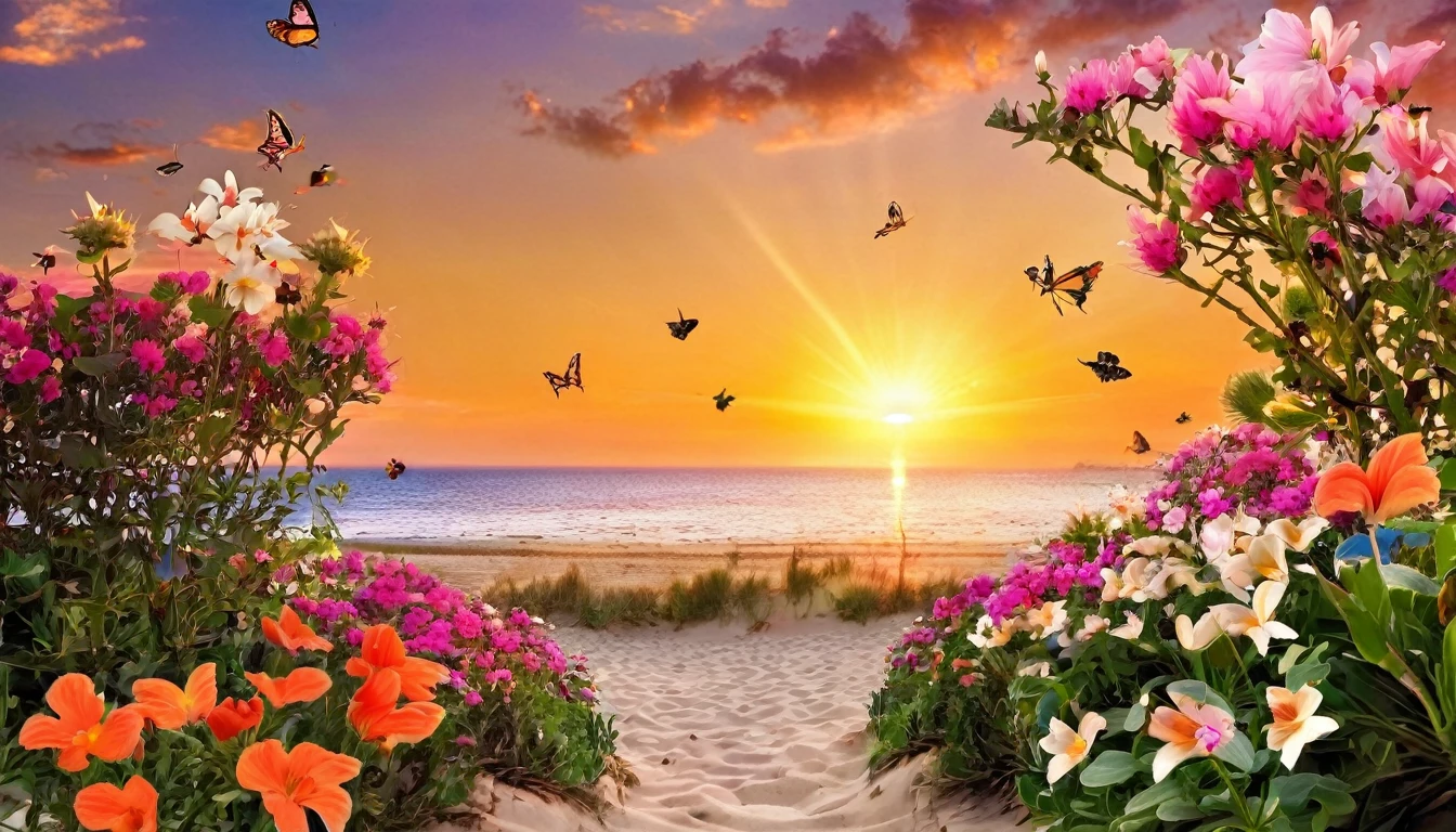  beautiful, flowers, sunset, butterflies, beach