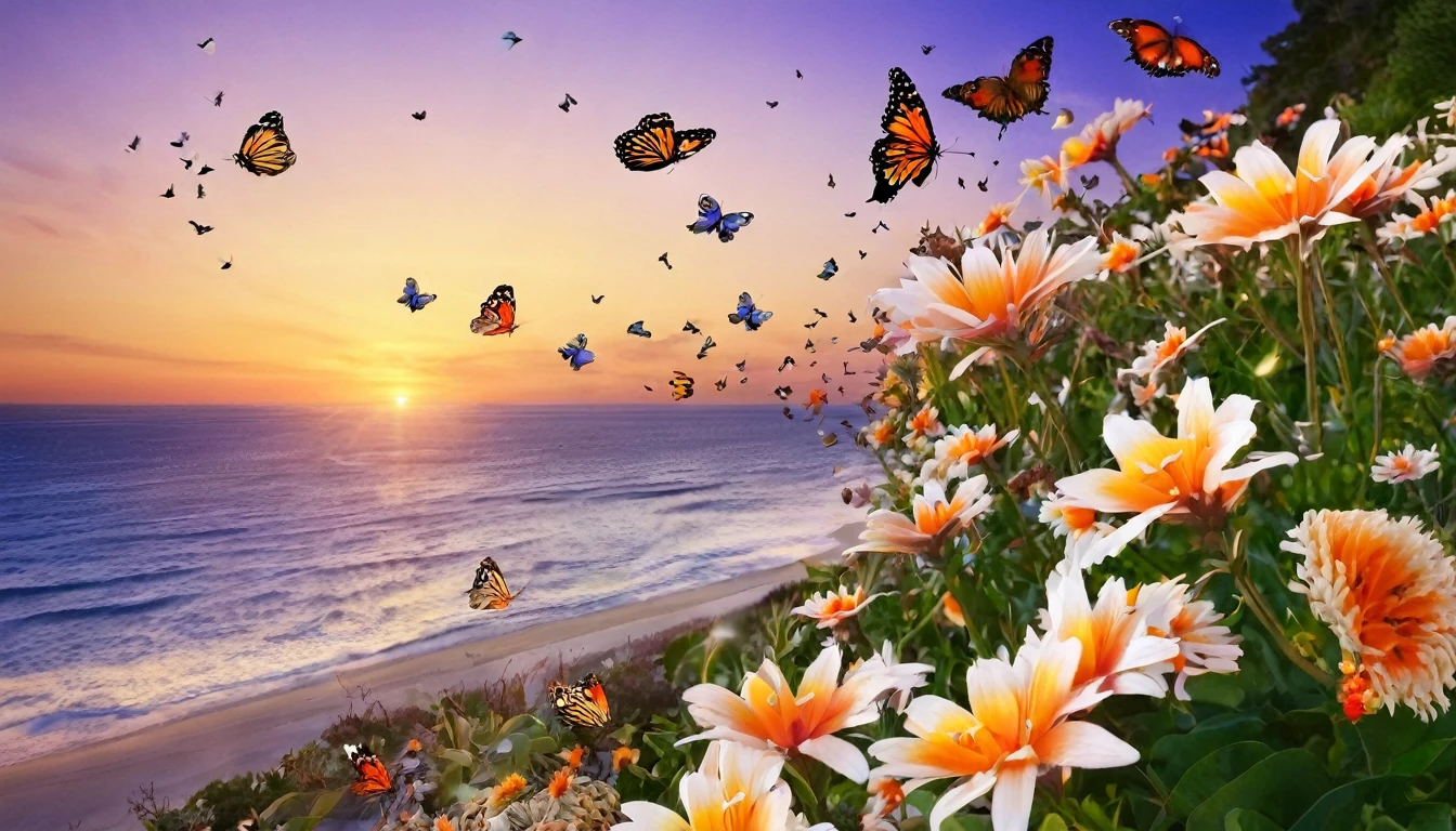 beautiful, flowers, sunset, butterflies, beach