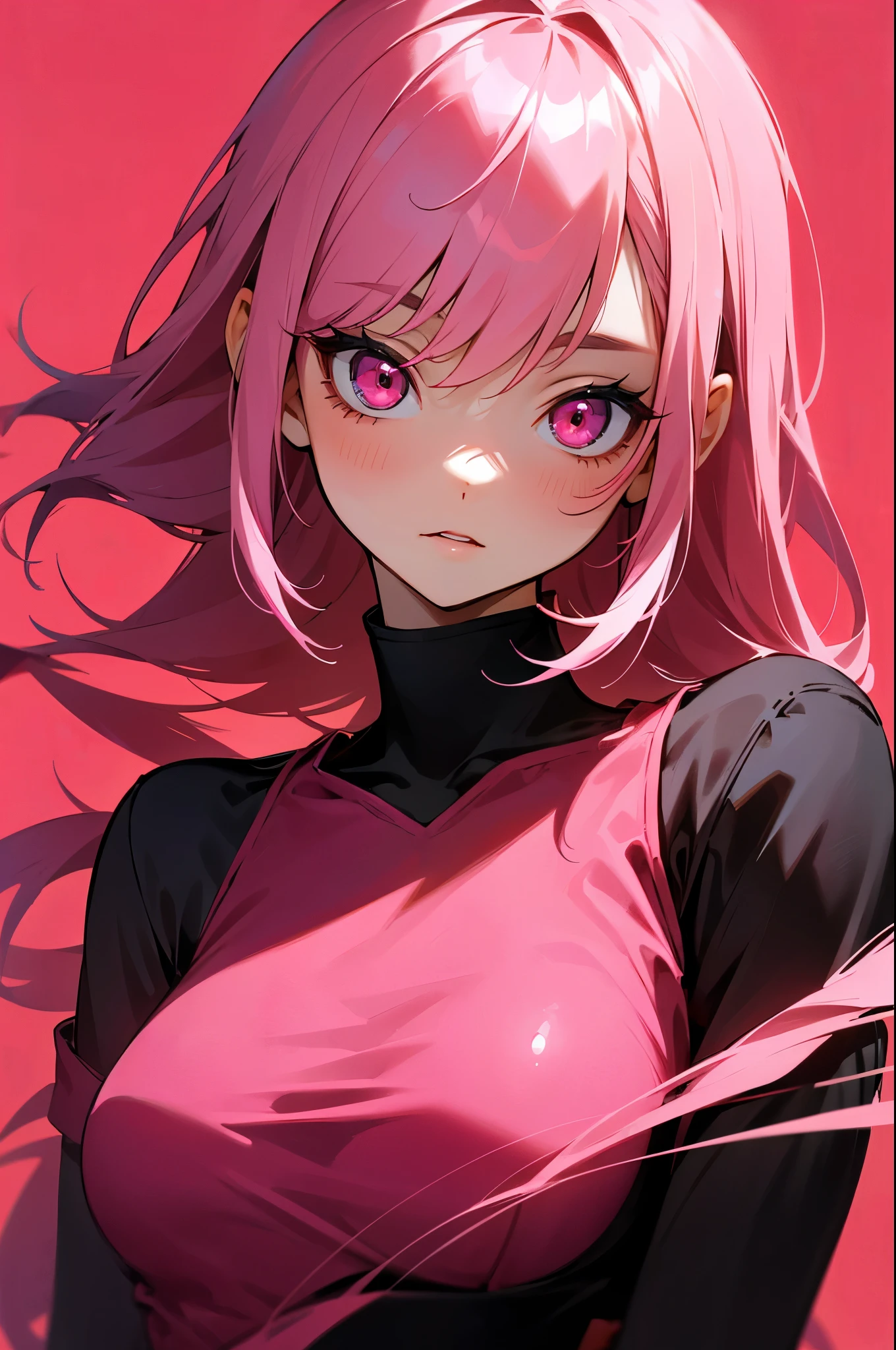 Young woman, Upper body, Black and pink hair, pink eyes, , red background, upper body