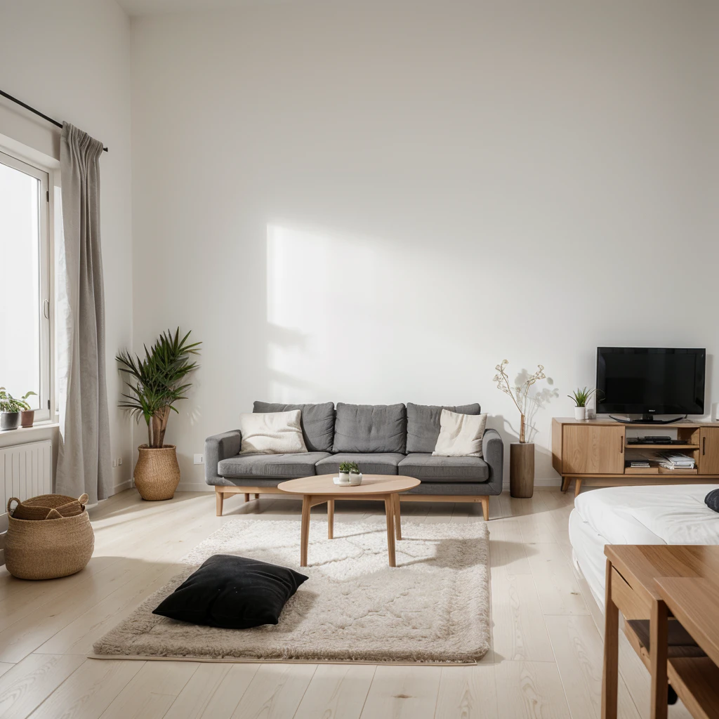 a simple minimal living room with minimal interior, high quality image, highly detailed